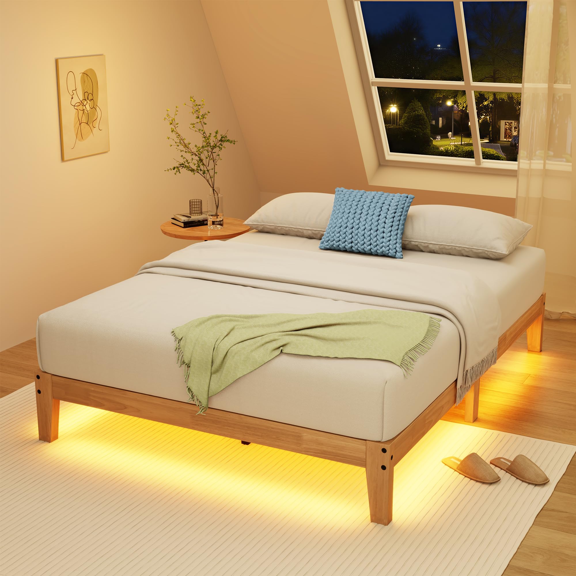 Photo 1 of **SIMILAR ITEMS**12 Inch Full Wood Platform Bed with LED Lights, Wooden Slats, No Box Spring