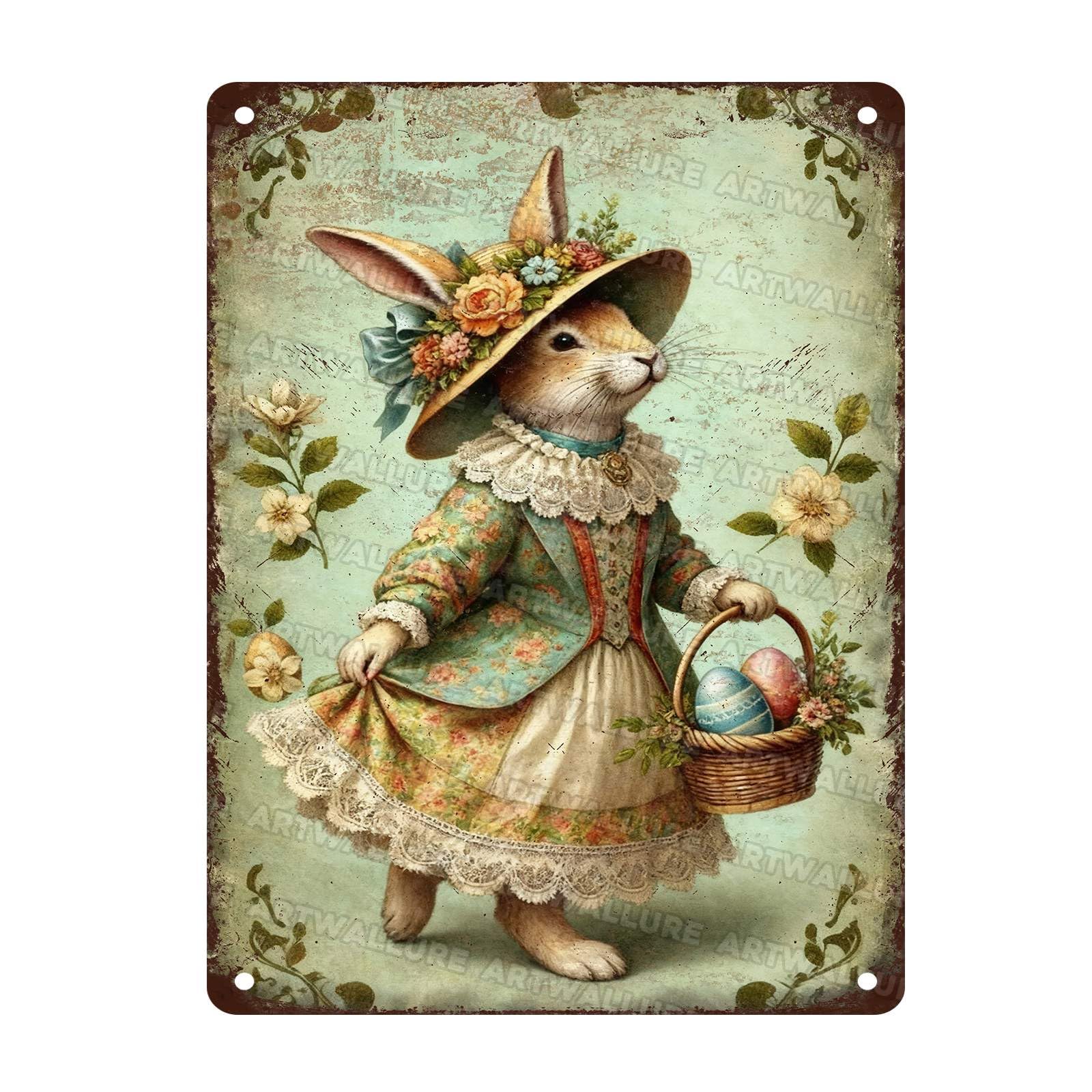 Vintage Easter Bunny Metal Sign Easter Eggs Rustic Farmhouse Wall Art For Indoor Outdoor Home Garden Decor 12x16Inch