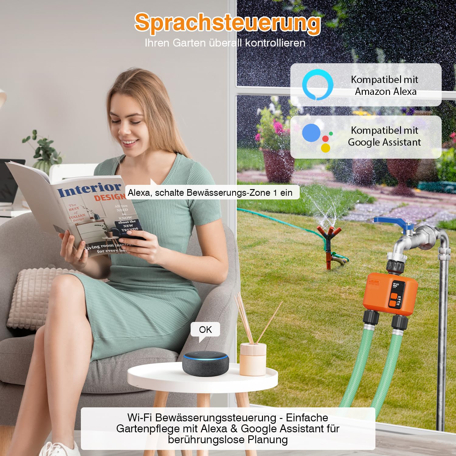 Bewässerungscomputer WLAN 2 Ausgänge mit 300 Meter RF, Starke Wanddurchdringung, Smarte Bewässerungsuhr mit APP & Alexa Sprache, Automatische Bewässerungssystem Regenverzögerung für Garten