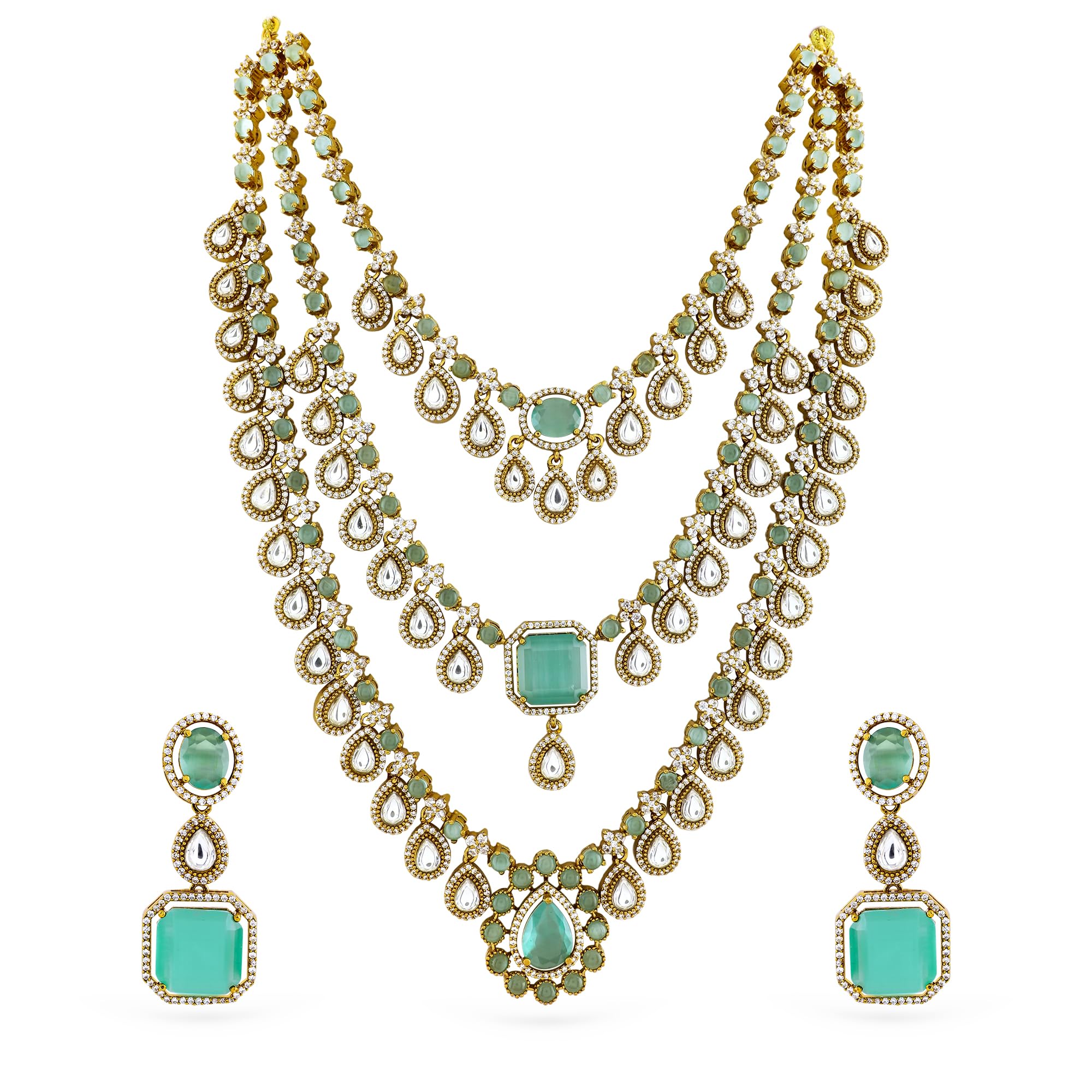 24K Gold-Plated Pastel Green & AAA Cubic Zirconia Studded Multi-Layered Bridal Necklace & Earrings Set – Perfect for Weddings & Grand Occasions-image-37