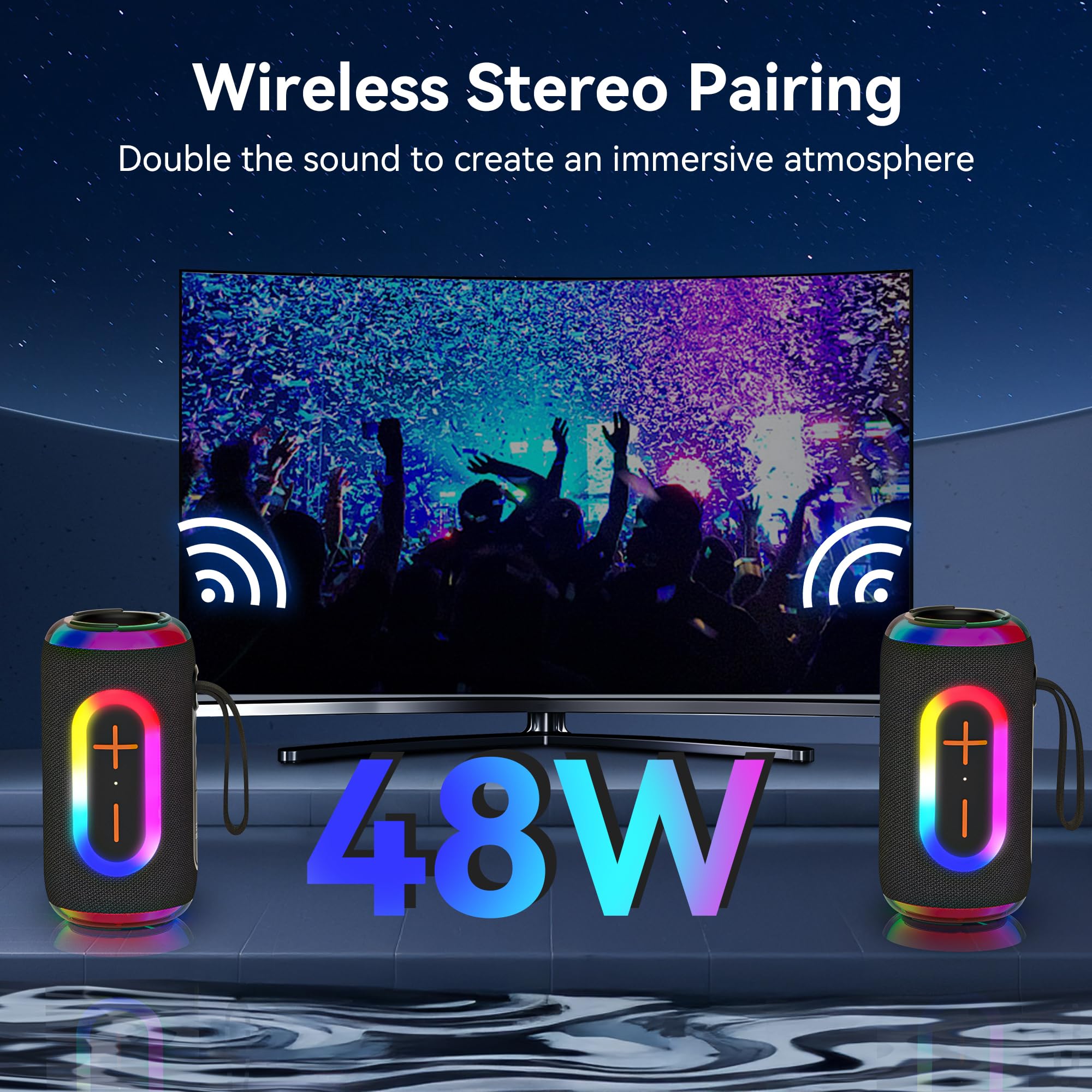 Oraolo Bluetooth Speaker, Portable Speaker with 24W Loud Stereo Sound, Colorful RGB Lights, TWS Pairing, Bluetooth 5.4, 15H Playtime, Support AUX/TF Card, Wireless Speaker for Party Home Camping - 4