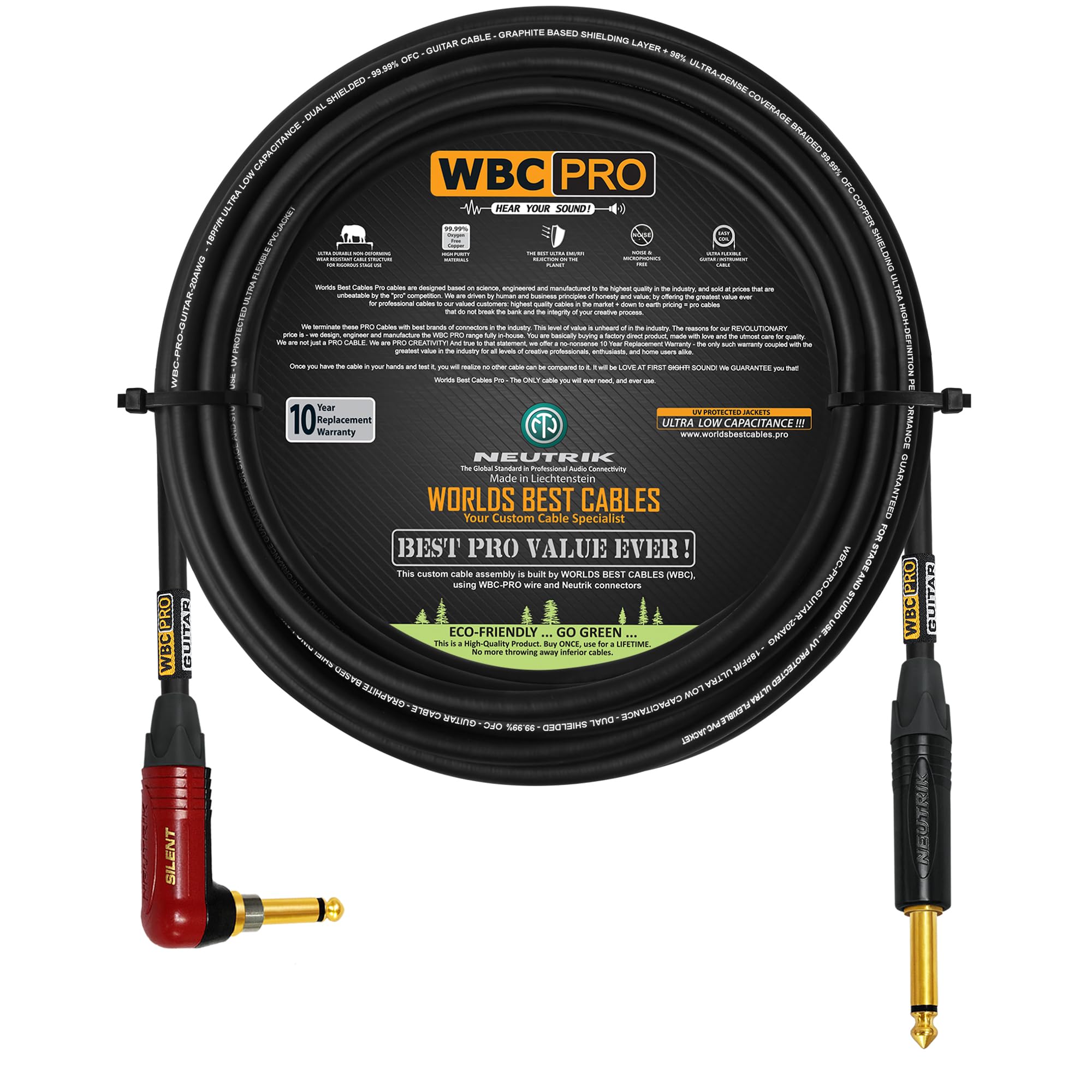WBC-PRO-Guitarra de 30 pies – 20 AWG – Baja tapa (18pF/ft) – Grado profesional – a base de grafito – Cable de instrumento de guitarra de doble blindaje con Neutrik recto – ángulo (SilentPLUG) ¼