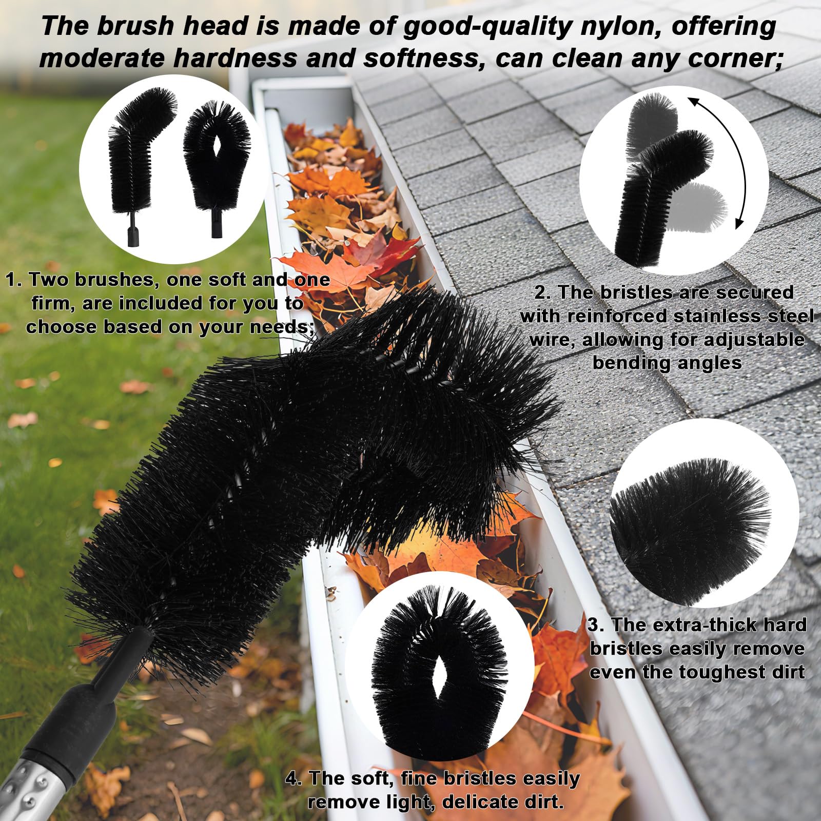 431cm Outil de Nettoyage de Gouttière avec 2 Têtes Brosse, Longueur Réglable Sans Échelle Brosse pour Gouttière for Feuilles Branches et Débris Enlèvement
