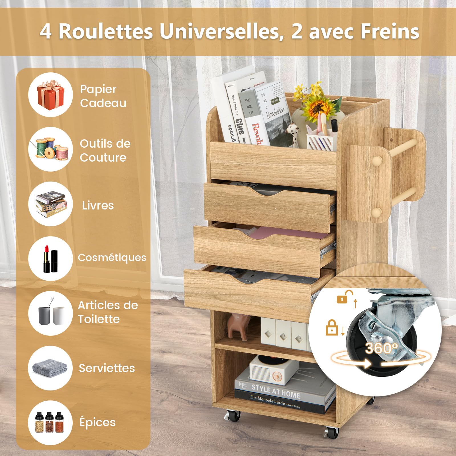 GOPLUS Caisson de Bureau, Meuble de Rangement à Roulettes avec 3 Tiroirs, 2 Compartiments Ouverts et Large Comptoir, Roulettes Universelles avec Freins, 2 Barres Pratiques (Naturel)