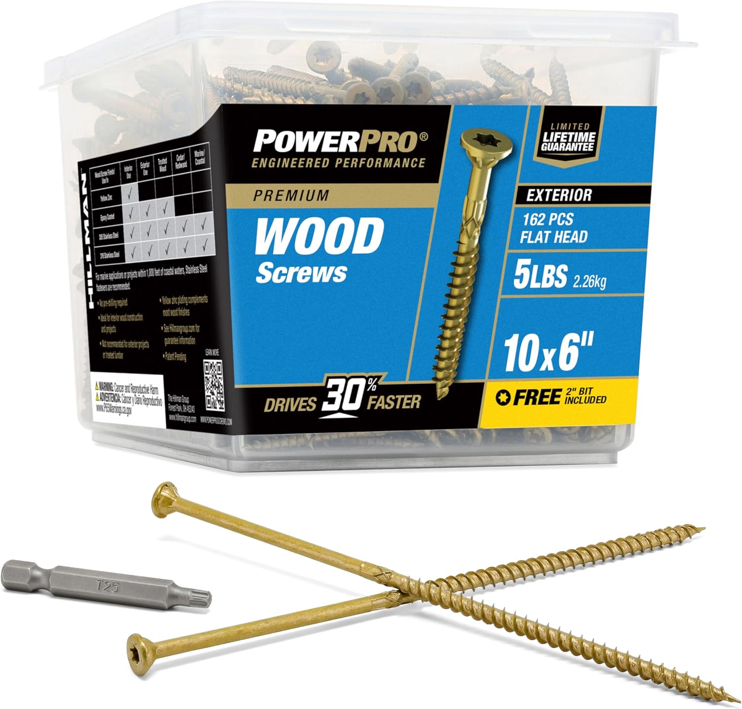 Power Pro Premium Exterior Wood Screws, #10 x 6 Inch All-Purpose Deck Screws for Outdoor Projects, T-25 Star Bit Included, Bronze, 162 Pieces | 48618V4