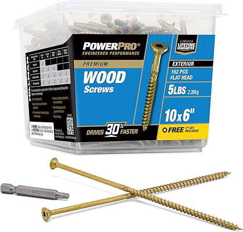Power Pro 48618 Tornillos para madera, #10 x 6 pulgadas, tornillos de cubierta premium para exteriores, resistentes a la corrosión, bronce