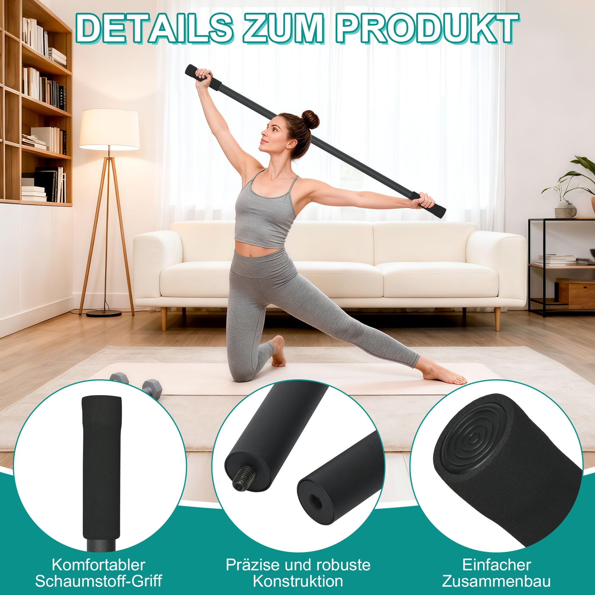 ohbien Tragbarer Yoga-Stick, Rückenstrecker verstellbar für 76-152cm, Mobilitätsstick mit 4 Stahlstangen Und 2 Schaumstoffgriffen für Yoga Fitness Physiotherapie Haltungskorrektur