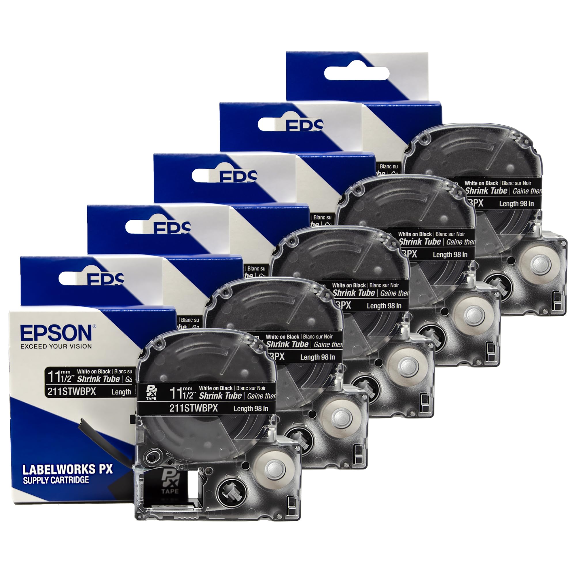Epson LABELWORKS 211STWBPX-5PK Genuine Shrink Tube AWG 2-8 White on Black Shrink Tube - 1/2" (11MM) Wide, 96" - 5 Pack
