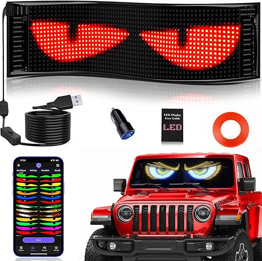 Tnuxey Devil Eyes Light for Cars, 15''x4'' Flexible LED Light Signs for Car, Programmable Bluetooth APP Control Custom Text Pattern Animation LED Displays for Car Windshield