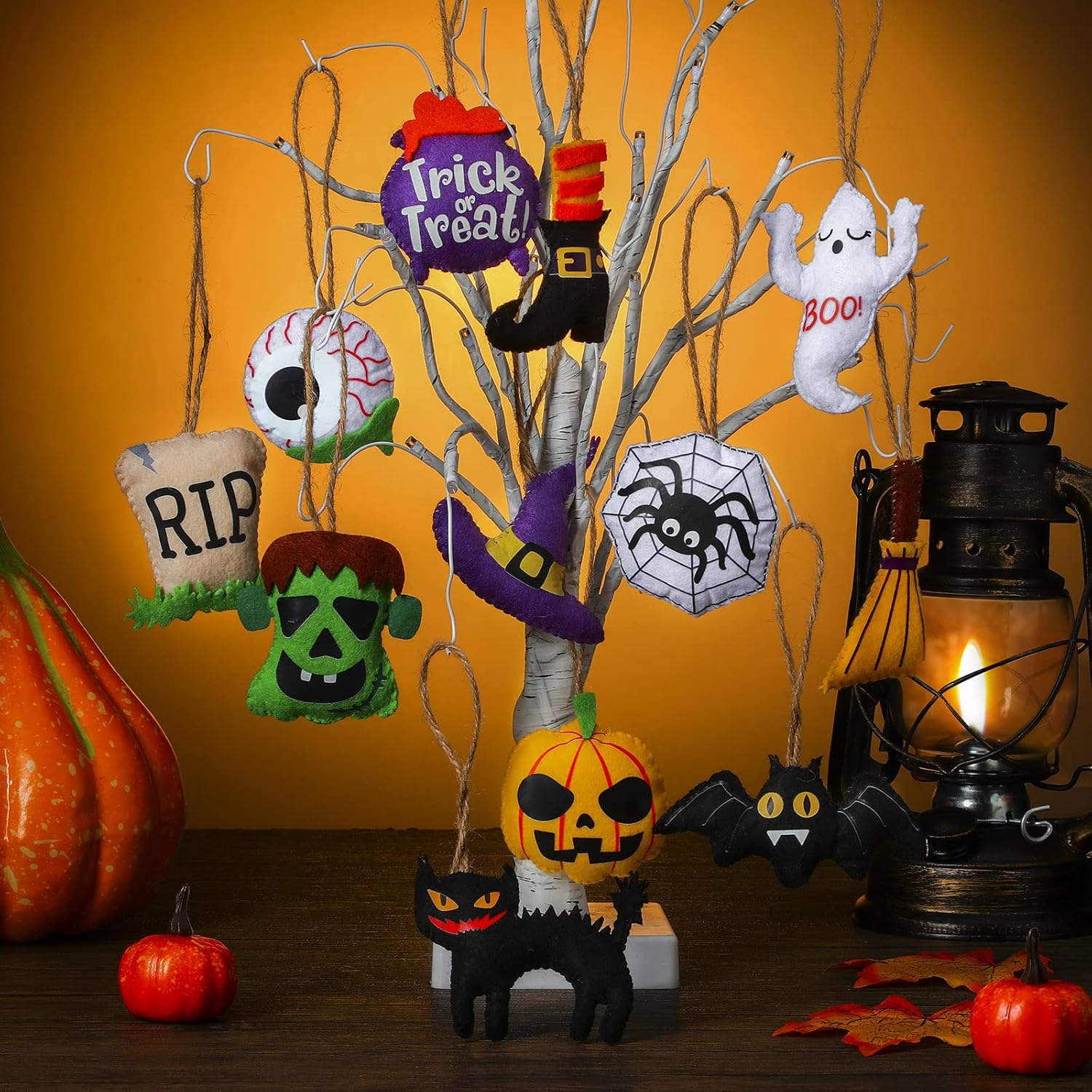 12 Halloween Tree Ornaments - 3D Felt Hanging Decorations: Pumpkin, Black Cat, Ghost, Witch Hat, Spider, Bat for Party Decor - Image 5