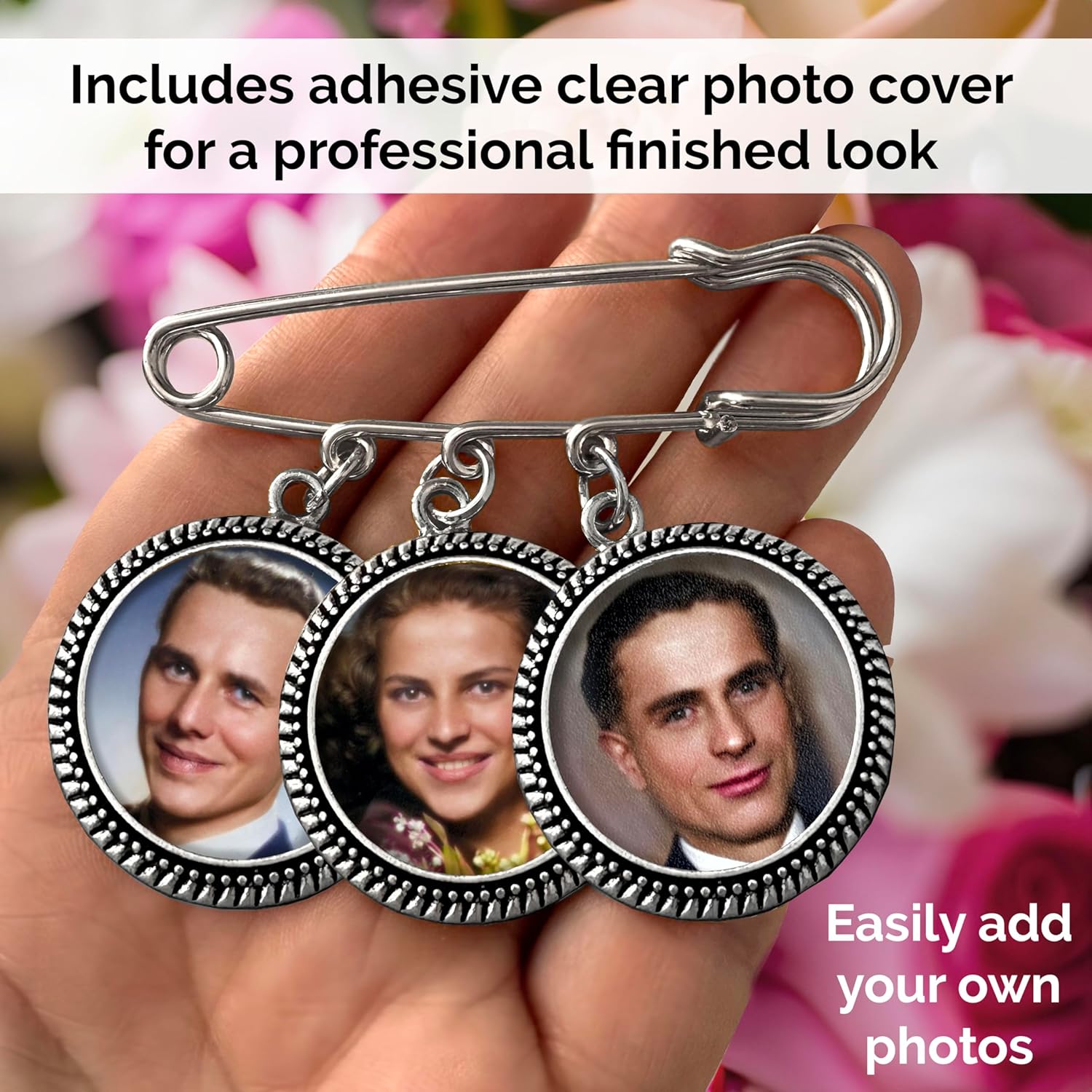 Photo Memory Pin for Wedding Groom Boutonniere Remembrance Charms Holds 3 Pictures with Photo Resizer - Image 2
