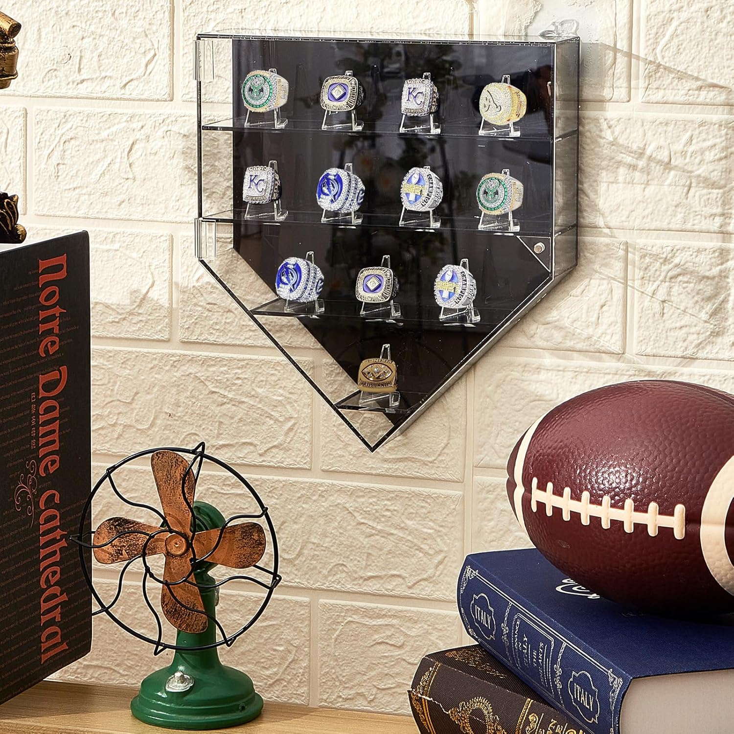 Remuuly Championship Ring Display Case 12 Posts Baseball Ring Holder Football Basketball Softball Display Box with Clear Magnetic Acrylic Door Wall Mount Sports Award Trophy Case(Classic)