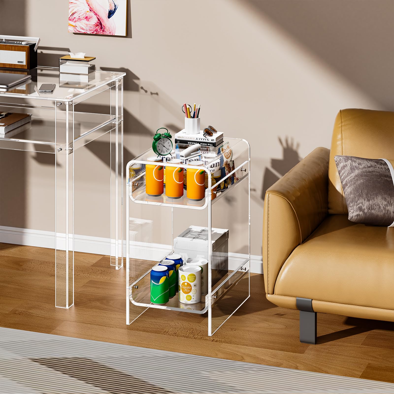 Beistelltisch aus transparentem Acryl, schmal, schmaler Beistelltisch für kleine Räume, schmaler Nachttisch, Nachttisch für Schlafzimmer, Wohnzimmer, Büro (transparent, breit)