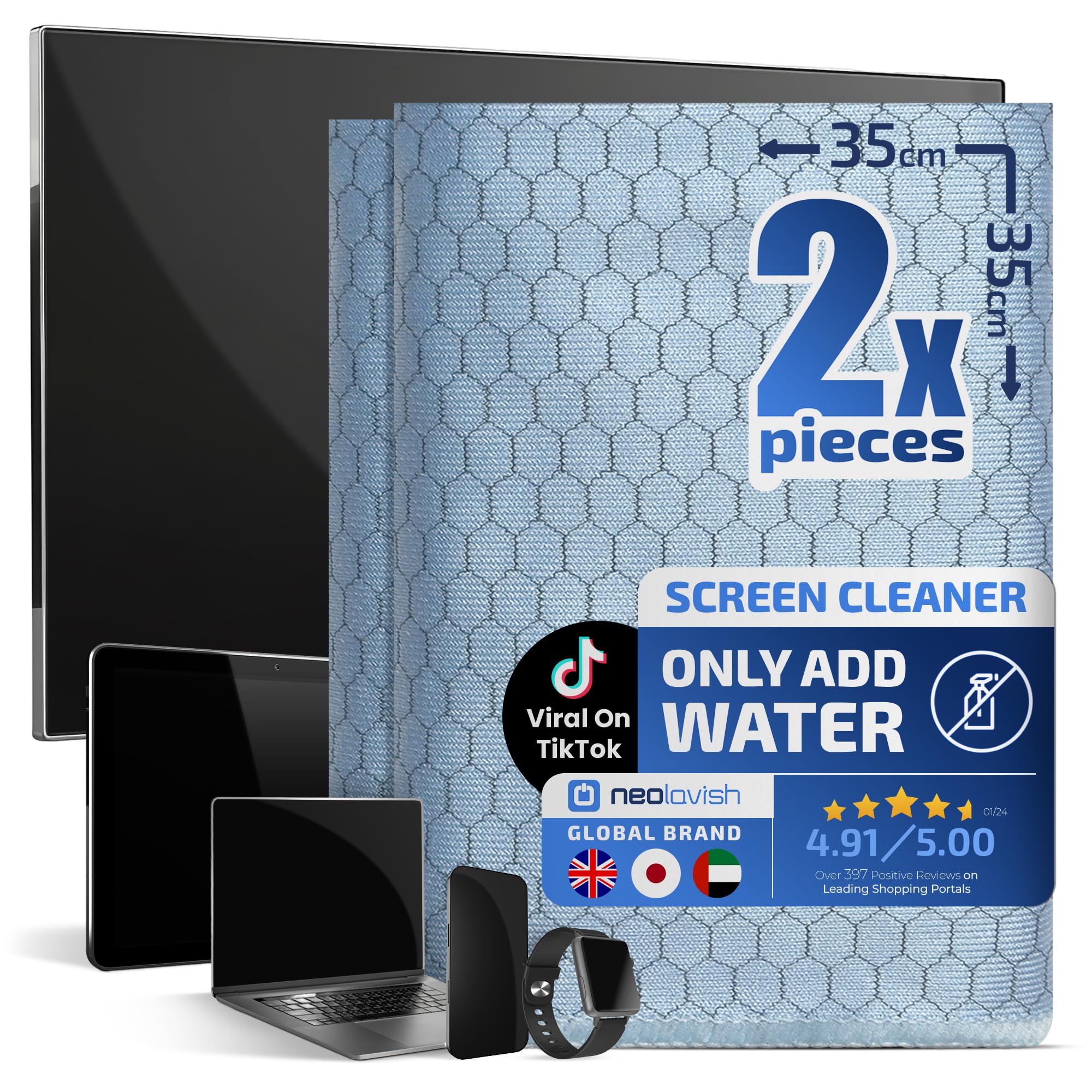 TV Screen Cleaner Cloth - Just Add Water | Streak-Free Wipes for OLED & Monitor Screens | Large 35x35cm 2pcs
