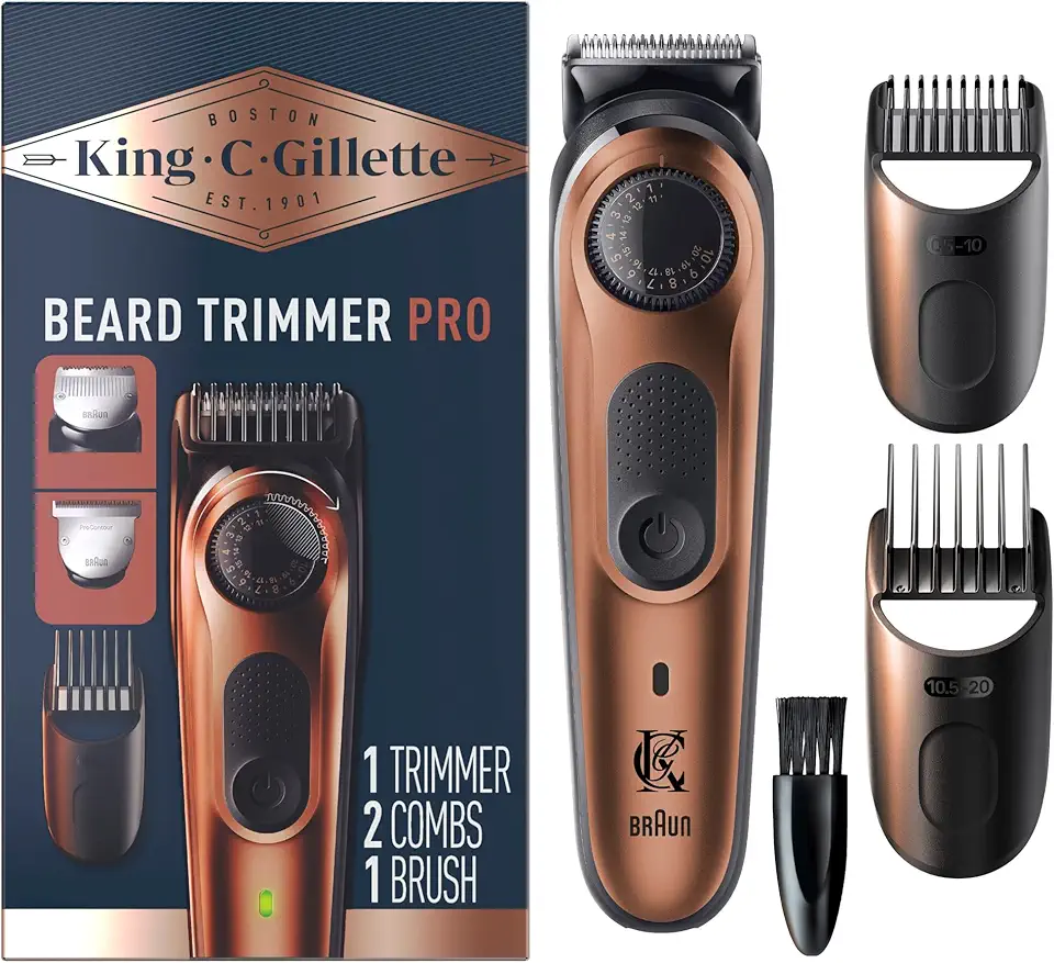King C. Gillette Beard Trimmer PRO with 40 beard length settings in precise 0.5mm steps, cordless design &amp; 1 trimmer, 1 brush, 2 combs, 1 charger and 1 T-blade