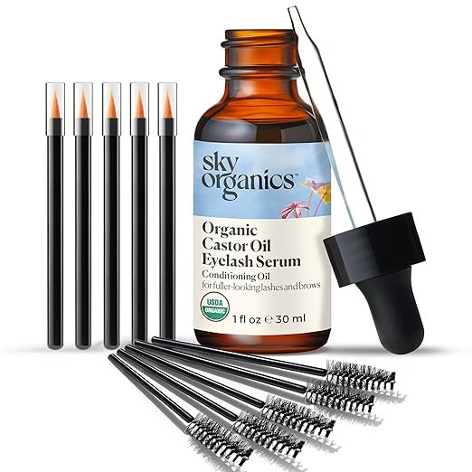Sky Organics Organic Castor Oil Eyelash & Brow Serum, Hexane-Free Conditioning Oil that Promotes Fuller Looking Lashes & Eye Brows, 100% Pure & Cold-Pressed 1 fl. Oz. / 30 ml w ebook