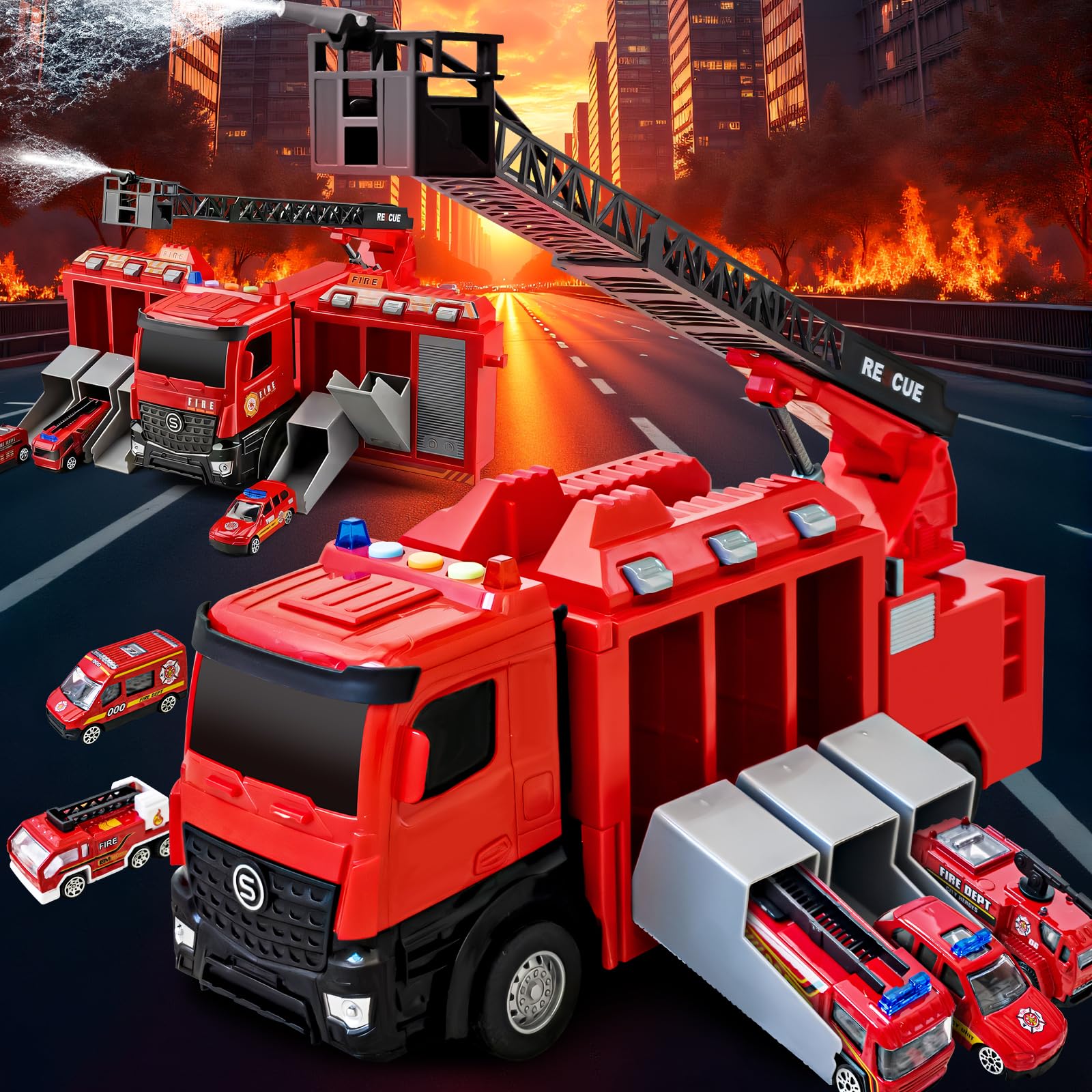 Großer Feuerwehr Truck Spielzeug, Rettungsfahrzeug Set mit 6 Mini Autos, Feuerwehrauto Autotransporter Spielzeug für Kinder ab 2 3 4 Jahren Kindergeburtstage und PD