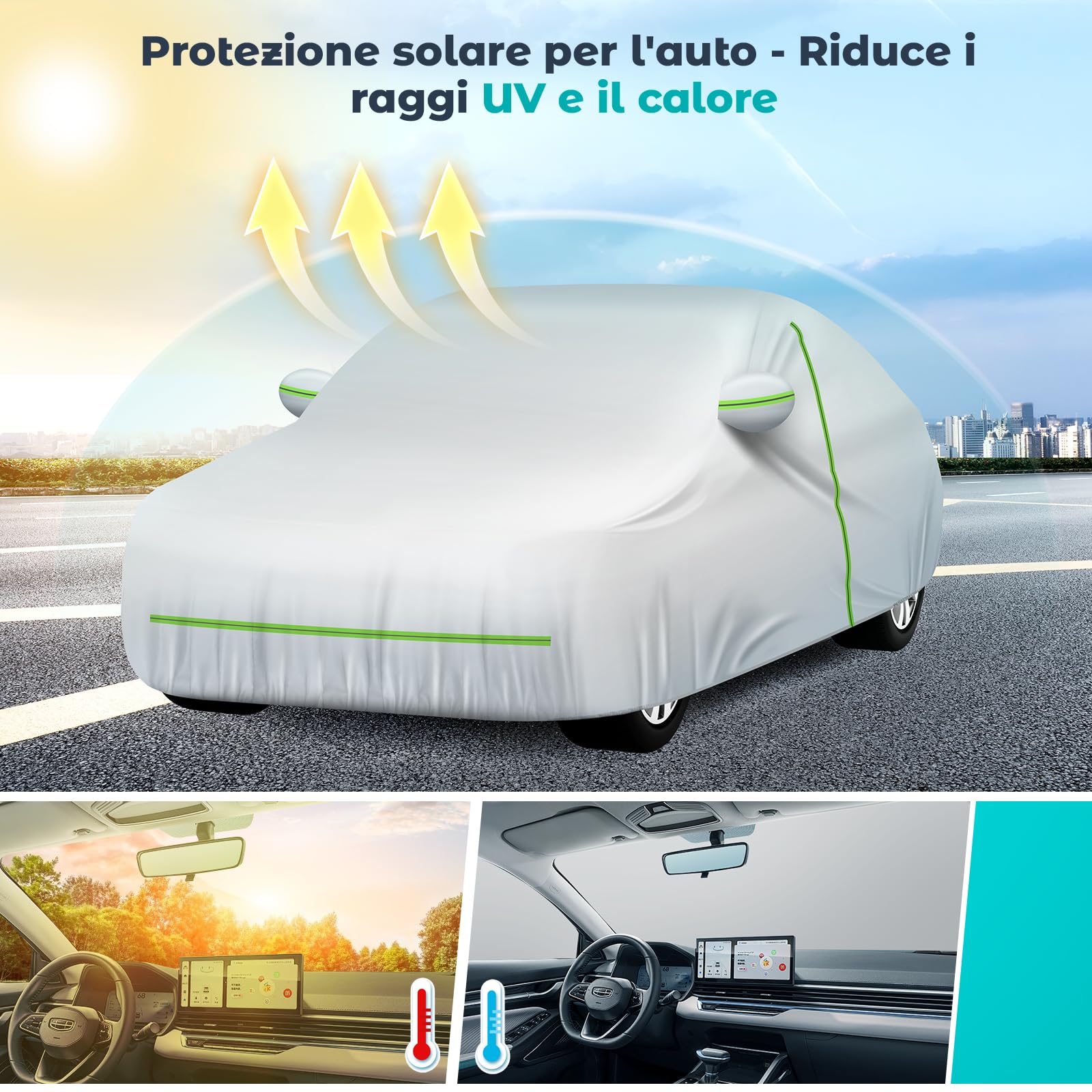 Telo Copriauto Impermeabile Anti UV Anti Vento e Antipolvere con Zip Laterale, Telo per Auto 460x185x160 cm Argento per Mid-size Car (Segmento D)