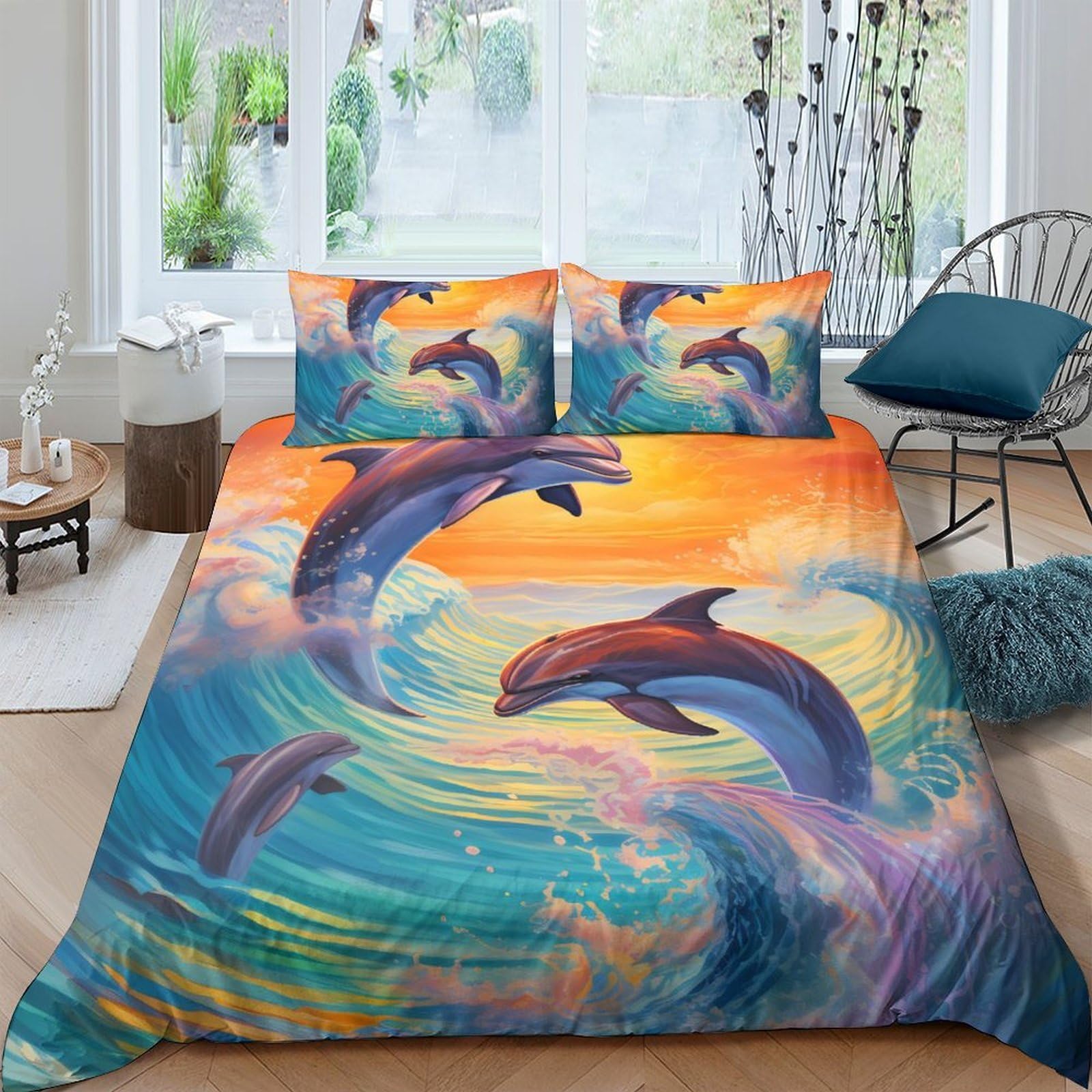 Ctjqhvkz Style-6 3D Printed Dolphin Sunset Fitted Sheet Microfiber Soft Blue Ocean Mattress Cover For Bedroom Guest Room Decor Single（135X200cm）