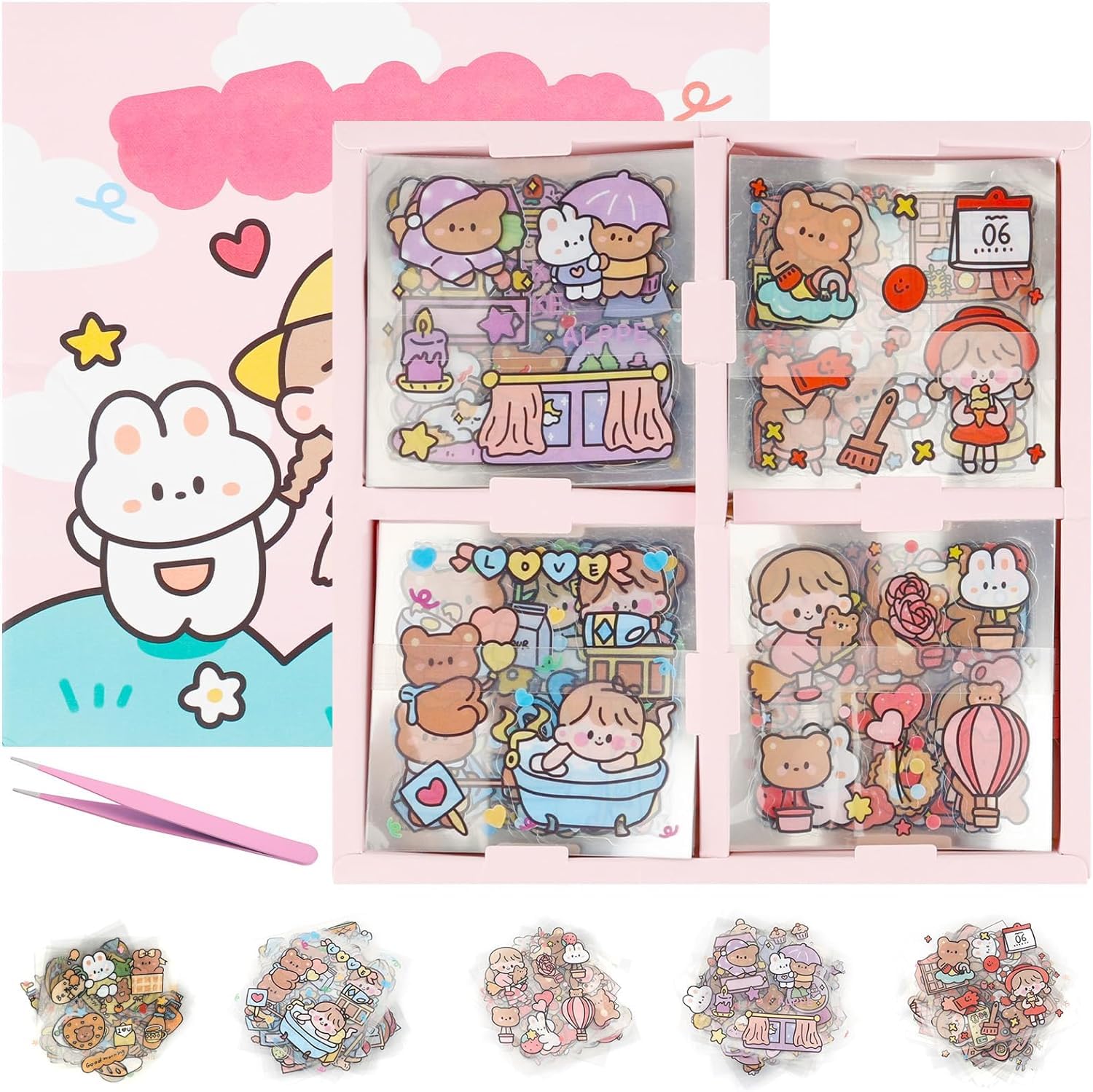 100 Sheets Cute Kawaii Stickers, Cartoon Sticker in 5 Themes, Mini Sticker Aesthetic Sticker for Scrapbooking Notebook Calendars with Clips