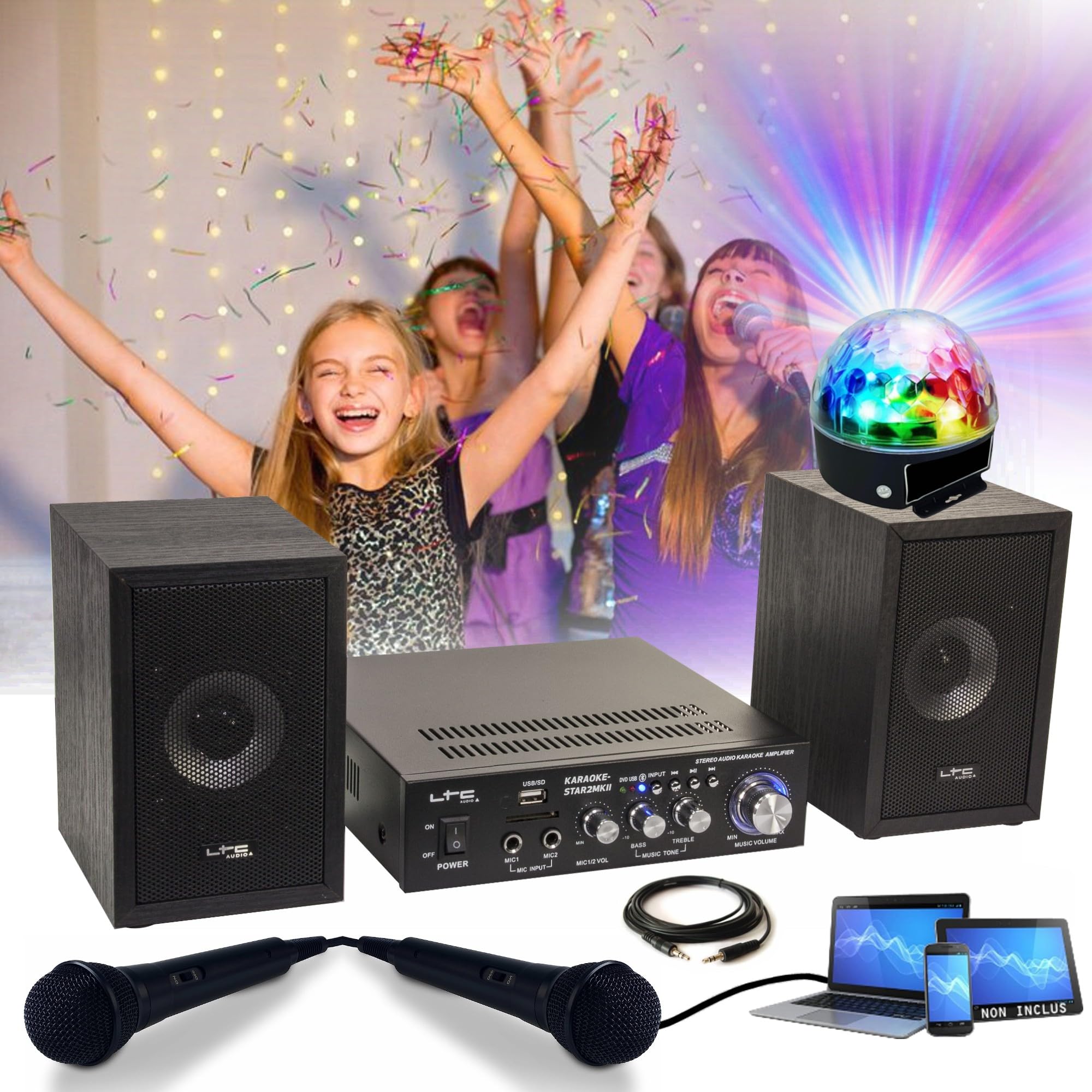 Générique Chanson Pack KARAOKE-STAR2MKII LTC Enfant - 2 Enceintes 2 Micros 1 Ampli Bluetooth USB SD 100W - Jeu Lumière Astro LEDs RGB - Cadeau Soirée