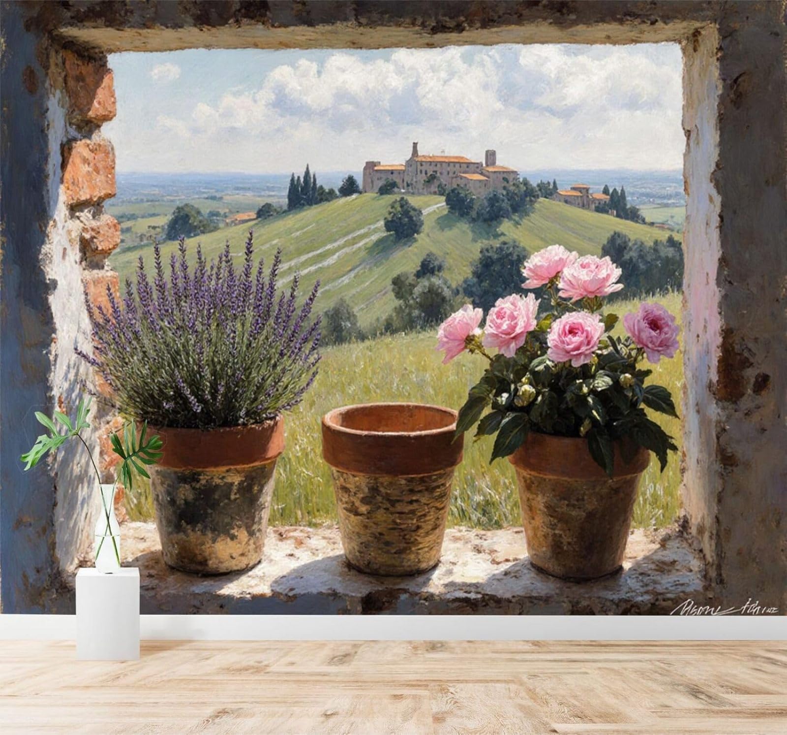 XLMING Lavender Pink Roses Countryside Scenery Shop Window 3D Wallpaper Premium Textured Silk Study Dining Living Room Bedroom Sofa TV Wall Easy Install-250cm×170cm