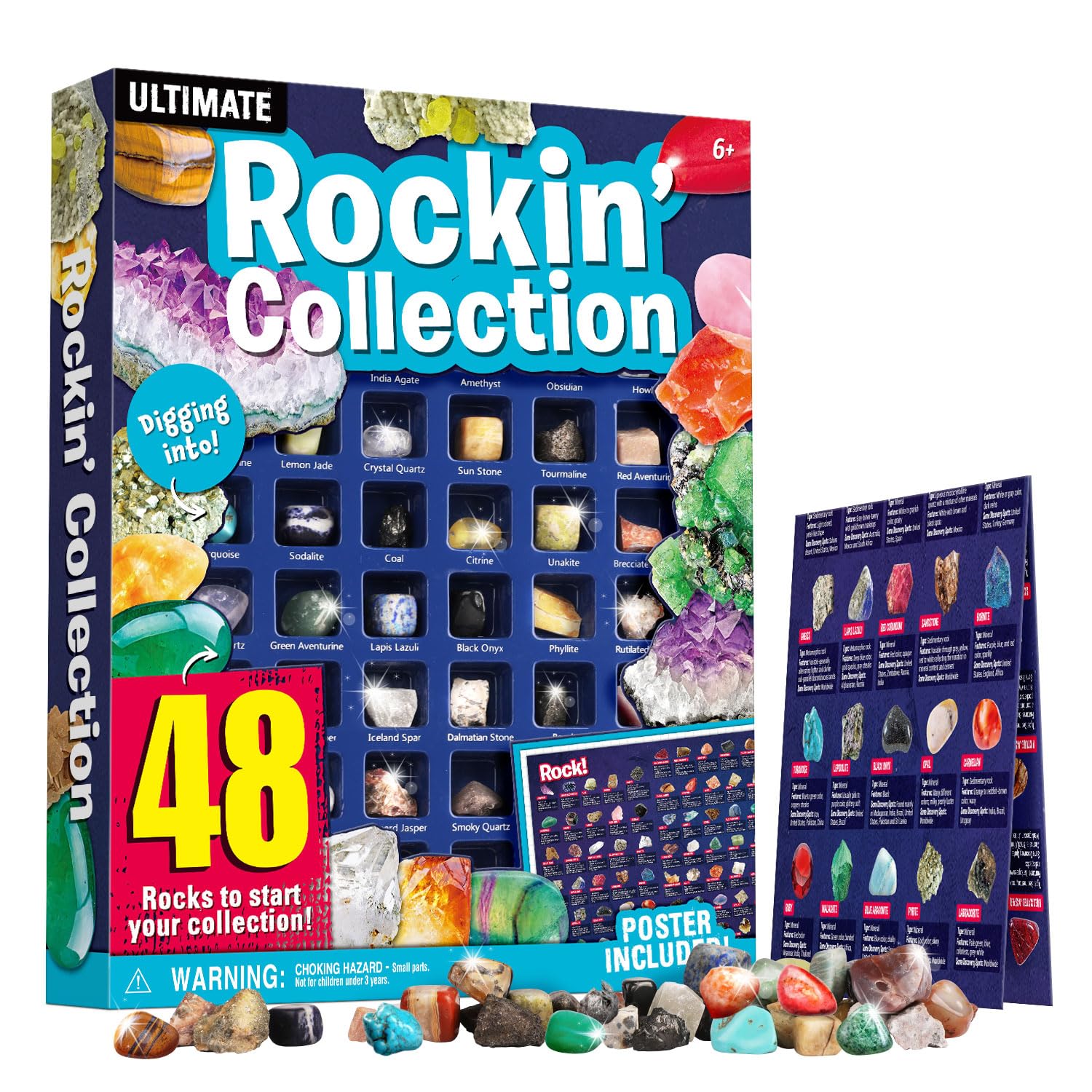 EDUMAN Rocks Collection 48 PCS Rock and Mineral Education Set Gemstones for Kids Geology Gem Kit with Tiger’s Eye Rose Quartz Red Jasper and More Identification Guide STEM Science Education