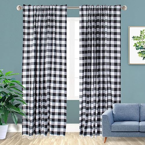 Miniatura 7 de ShinyBeauty Cortinas a cuadros de búfalo negro, 2 paneles de 84 pulgadas de largo, cortinas a cuadros de granja, cortinas de algodón con borlas y