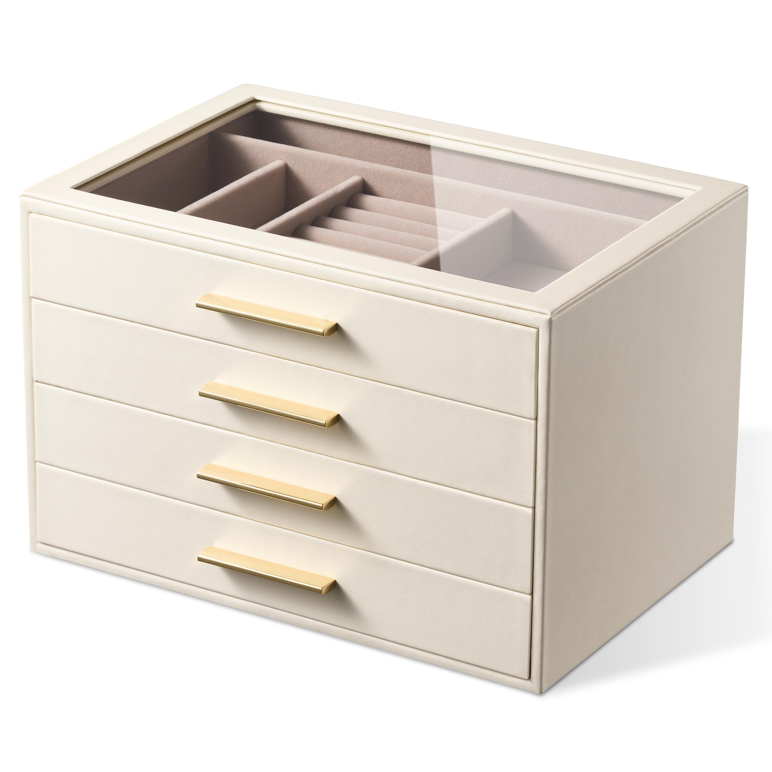 Joyero Organizador para con Ventana de Cristal, Caja Guardajoyas de 4 Capas | Cuero Blanco Marfil y Terciopelo Rosa - Estuche Organizador de Joyas para Anillos, Pendientes, Collares, Pulseras y Relojes,