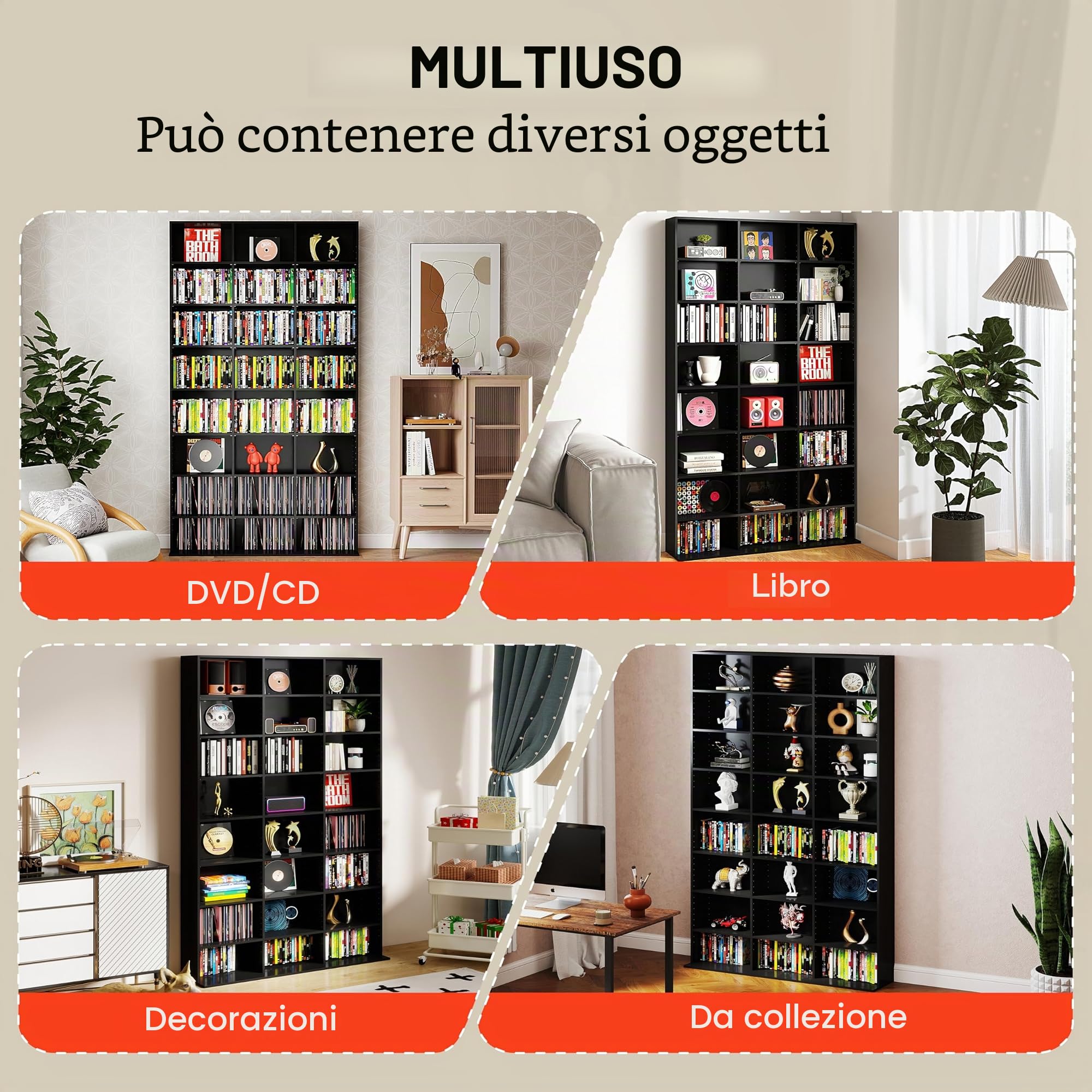 Mobile Porta CD con Ripiani Regolabili, Porta DVD a Colonna, Mobiletto DVD, 24 Scomparti, Vetrina da Collezione, adatto per Ufficio, Soggiorno e Studio, 102 x 23.5 x 180cm, Nero