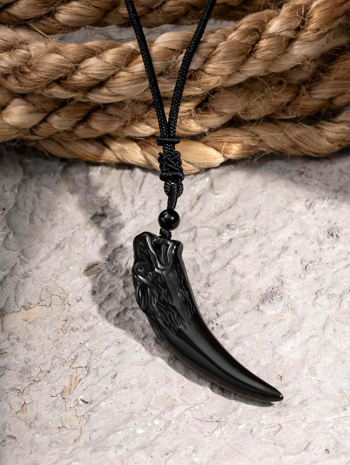 MINACHI Black Obsidian Tribal Wolf Tooth Pendant Necklace with Braided Cord, Wolf Jewelry Gift for Men and Women - Image 3
