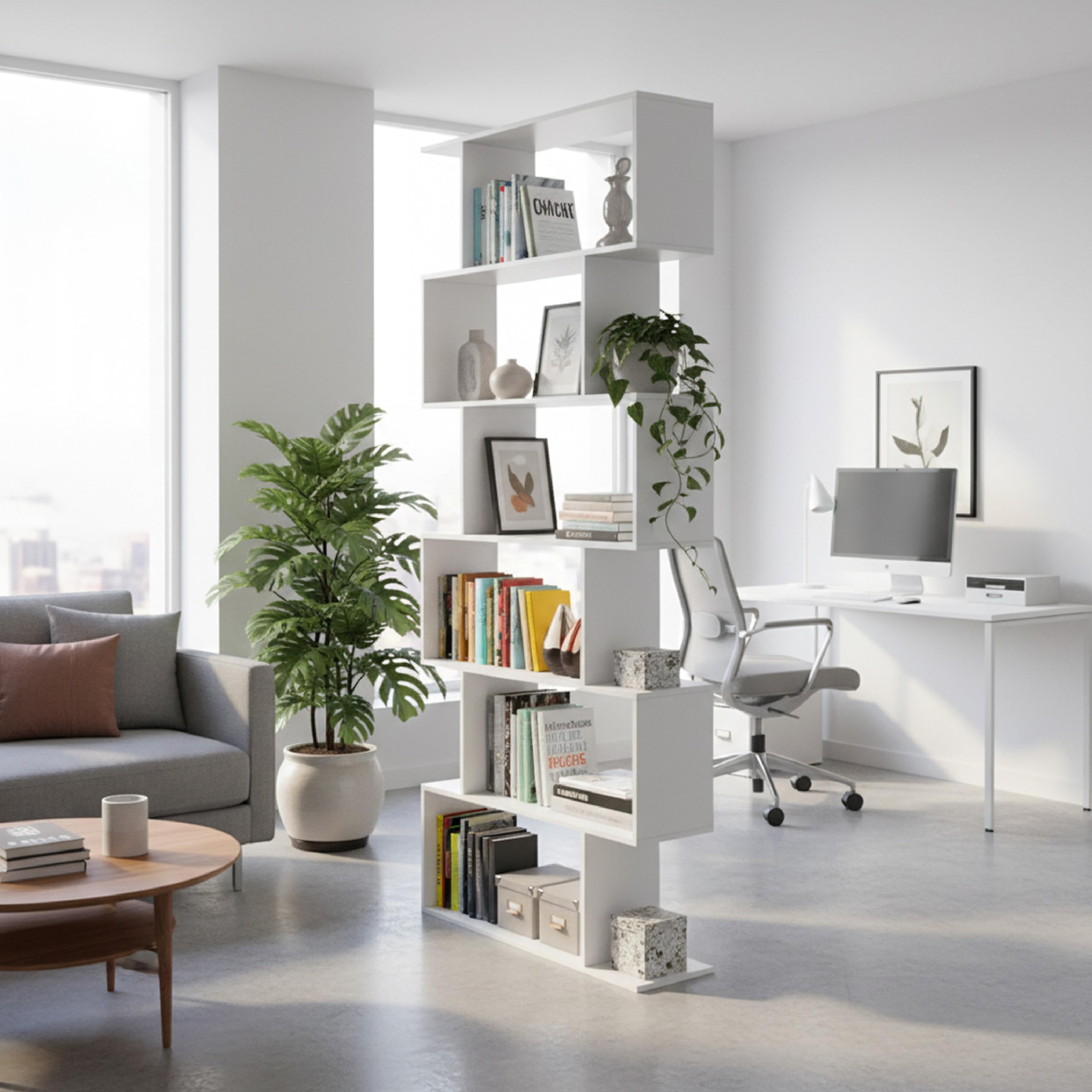 Baroni Home - Estantería de Diseño Moderno, Estantería Vertical en Zigzag, Estantería para Libros para Salón, Dormitorio, Oficina, Montaje Fácil, 24x70x191 cm, 6 Estantes Blanco