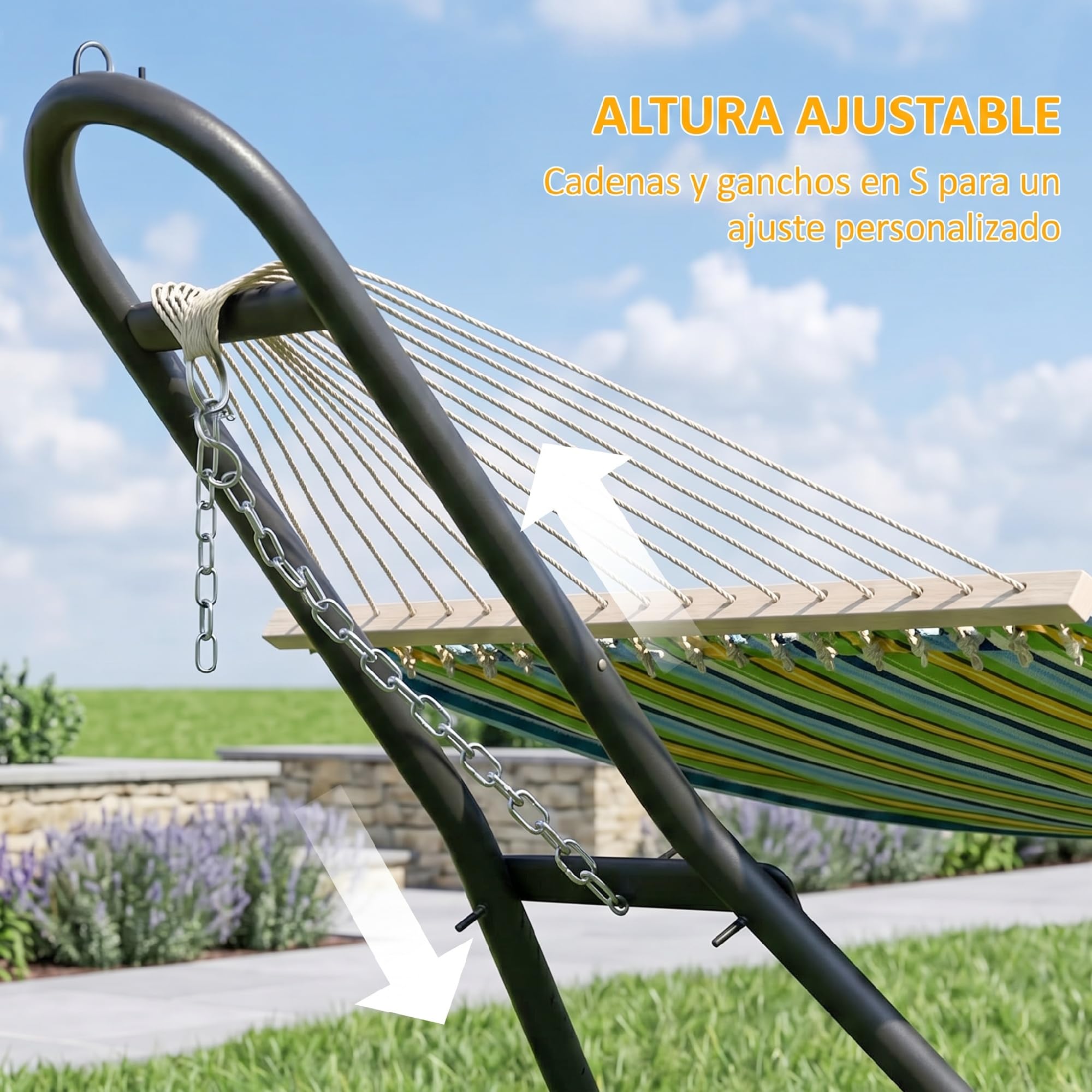 Outsunny Soporte para Hamaca para 2-3 Personas, Largo 278 cm, Cadena Ajustable, con Estructura de Acero, Ganchos en S, Pies Antideslizantes, para Hamacas de 2,75-4 m, Carga 150 kg, Negro