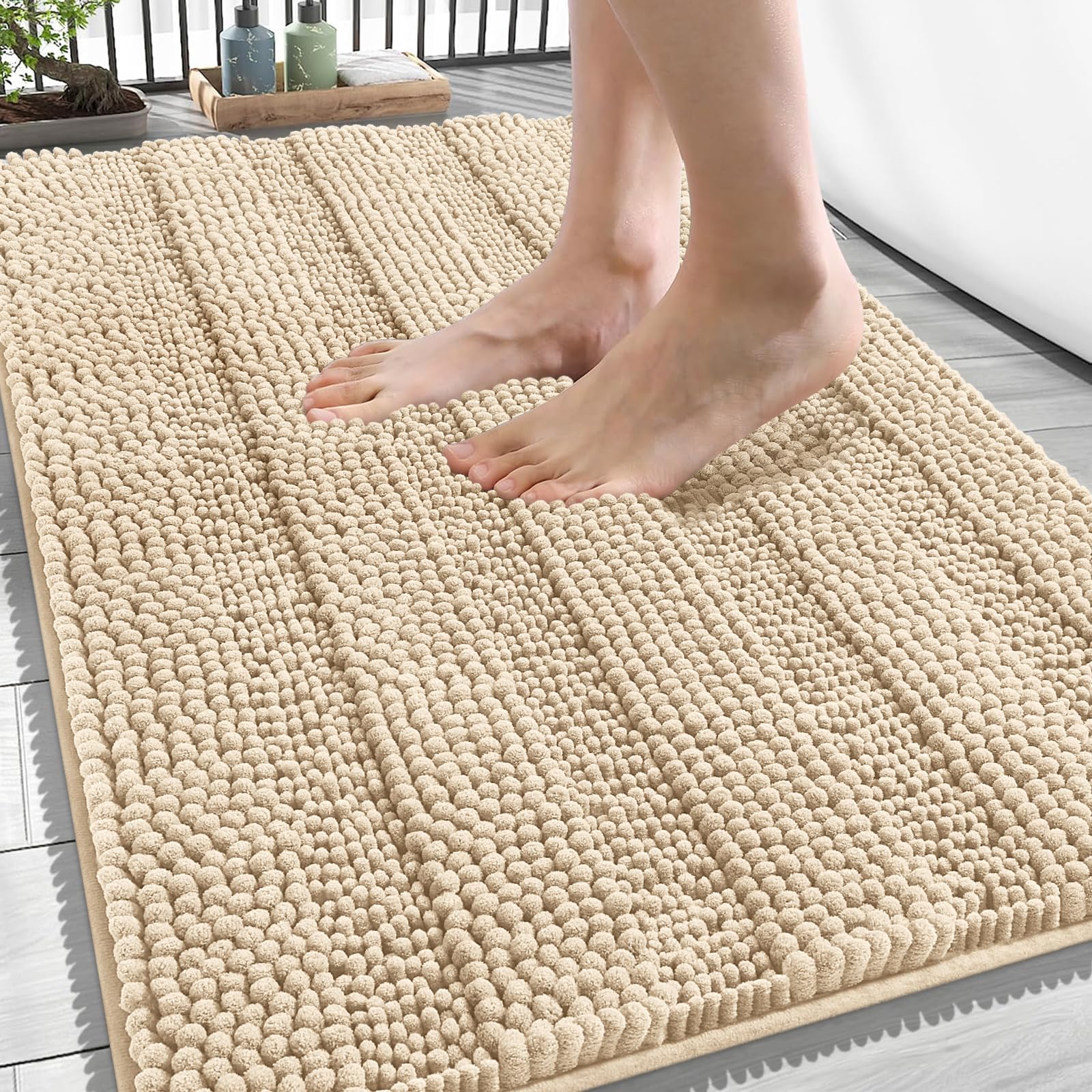 OLANLY Thick Bathroom Rugs 34x21, Soft Chenille Striped Bath Rugs, Beige