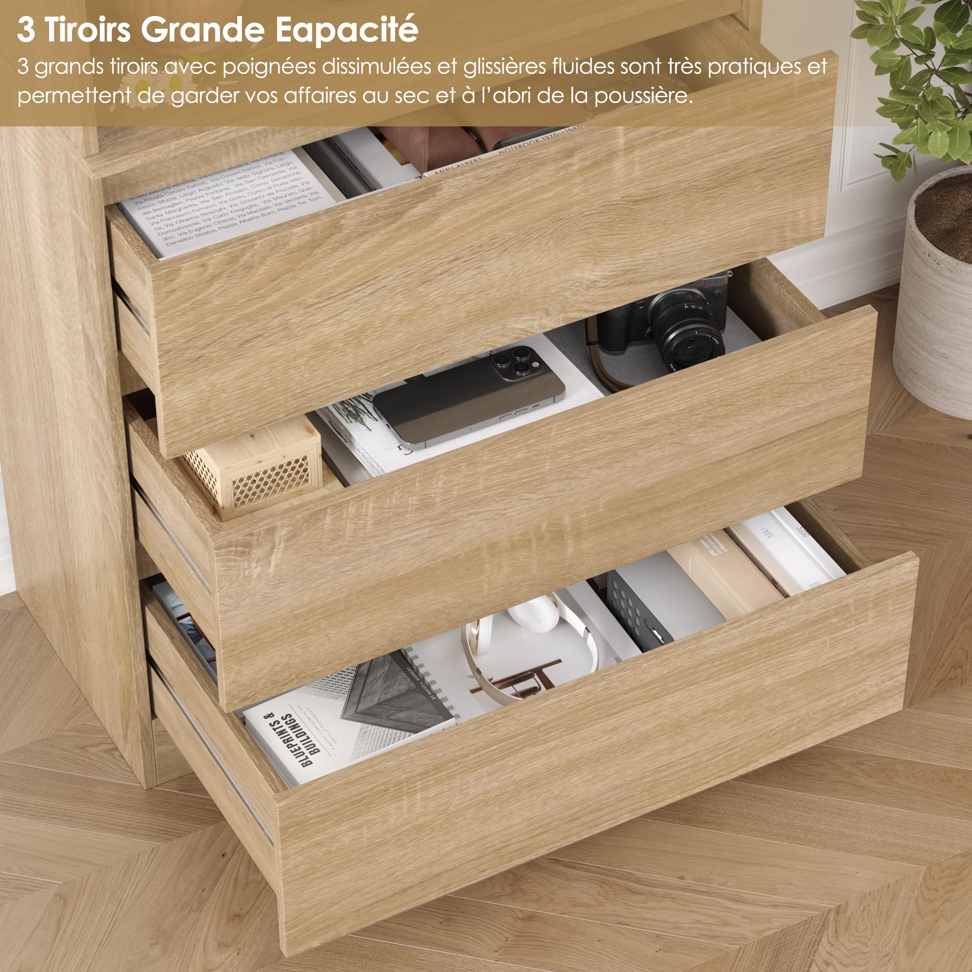 FirFurd Bibliothèque Meuble de Rangement 202cm avec Tiroirs Étagères Chêne | 202x60x35cm, 3 tiroirs fermé, Étagères réglables, Bibliotheques étagere rangement pour salon bureau, Gain de place, Moderne