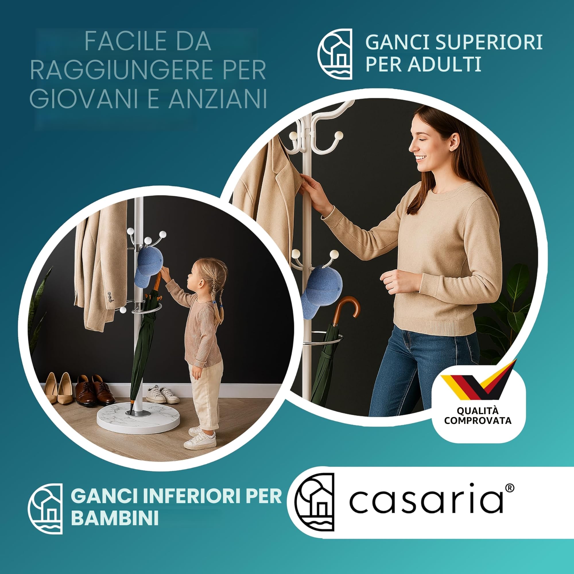Casaria® Attaccapanni in Metallo con Base 14 Ganci Ruotabile 360° 37x37x175cm Corridoio Ufficio Appendiabiti Bianco