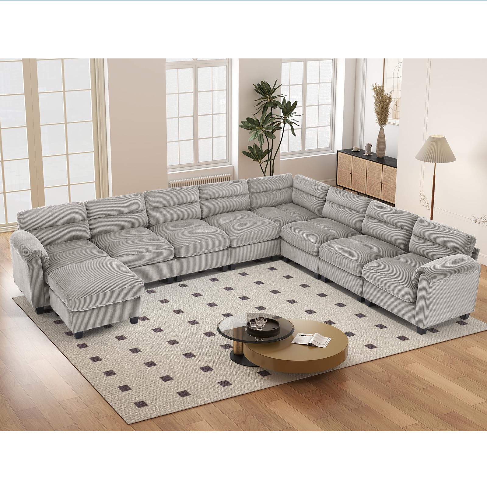 135” Modular Sectional L Shaped Corner Sofa with Movable Ottoman, Corduroy 9-Seater Couches with Thick Cushion for Living Room, Grey