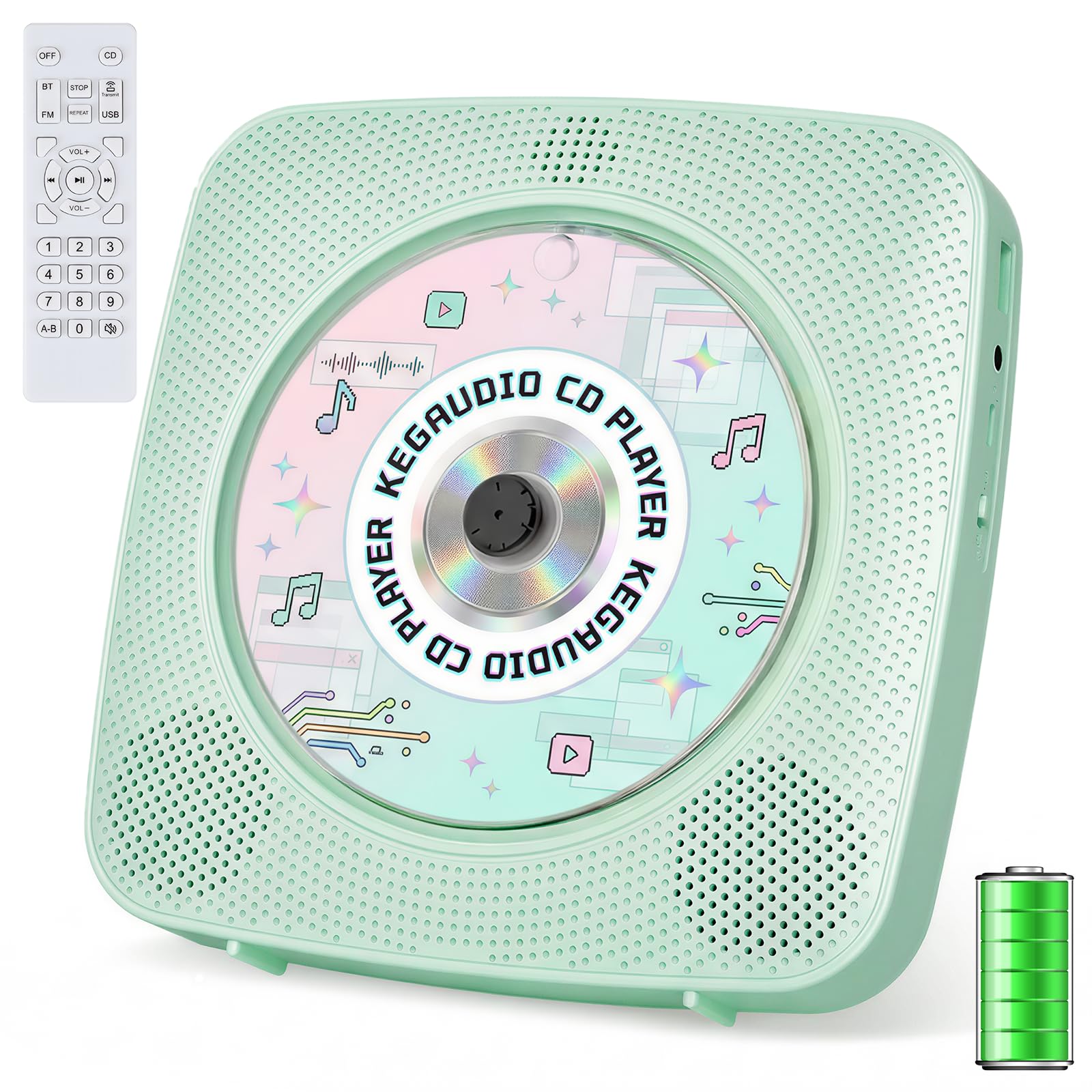 CD Player Portable Bluetooth Rechargeable: CD Players for Home Kegaudio 1800mAh Desktop Wall CD Player with Speakers with Dust Cover FM Radio USB Remote Control
