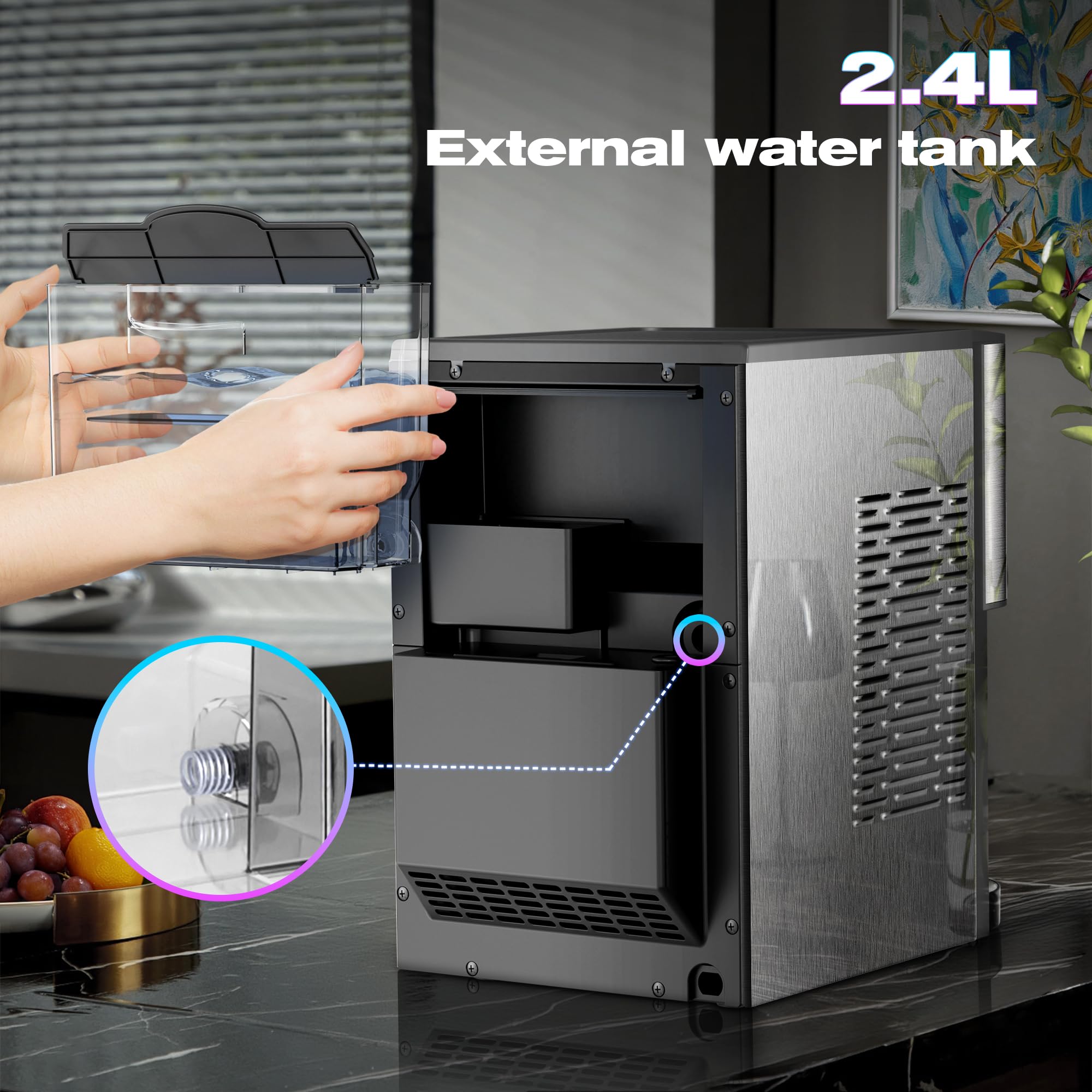 Kismile Countertop Nugget Ice Maker, 44lbs/24H Soft Chewable Pebble Ice Machine with Self-Cleaning and One-Click Operation, Compact Pellet Ice Maker for Home & Kitchen (Silver) — view 7