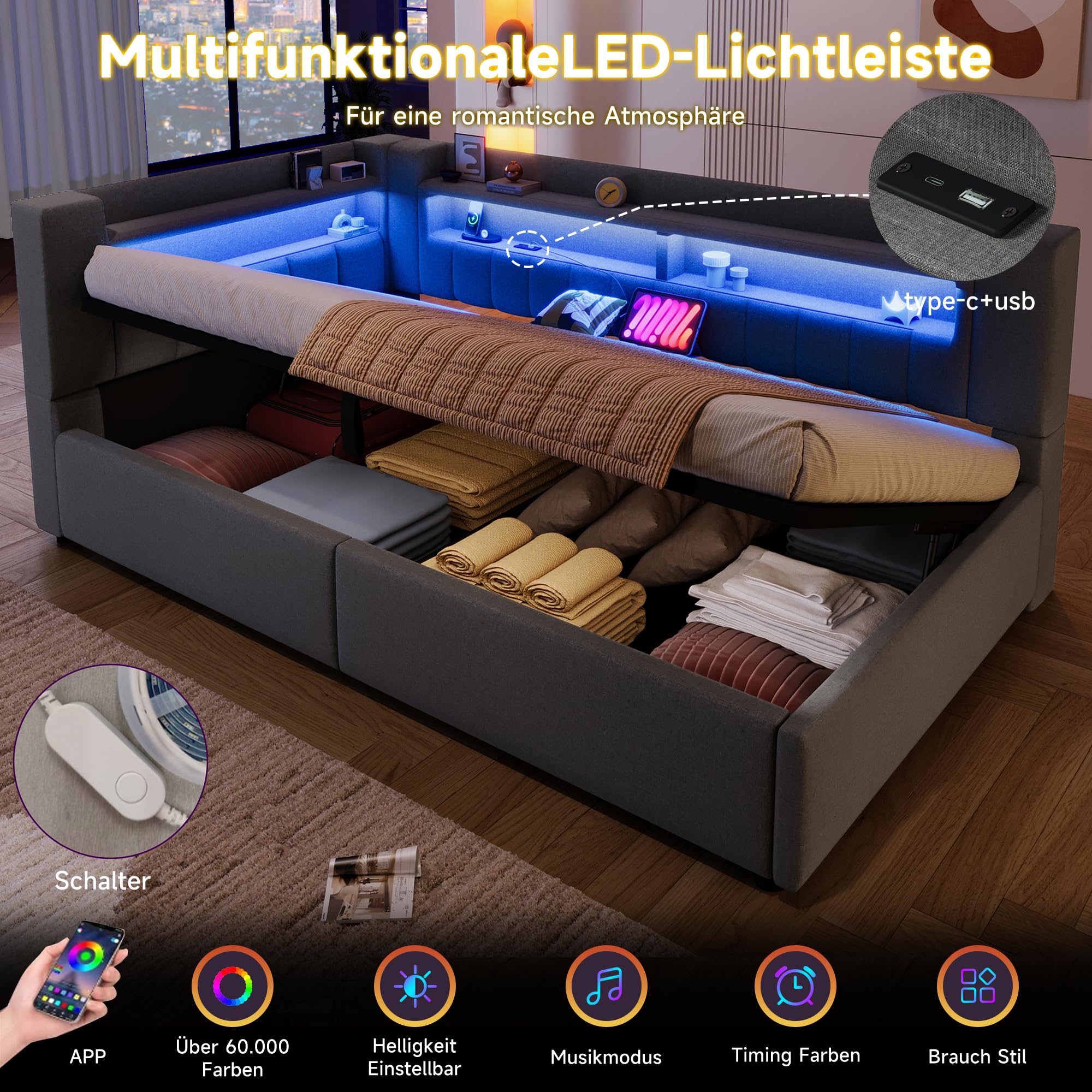 Daybett, 90 x 200 cm,Hydraulische Lagerungt, Mit USB Typ-C Ladefunktion, LED-Beleuchtung, Sofabett, Einzelbett, Ohne Matratze, Leinen, minimalistischer Stil,Grau