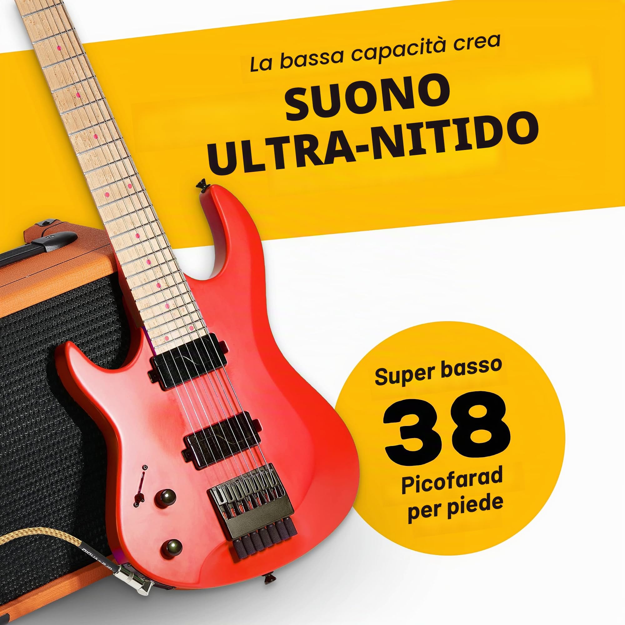 GLS Audio Cavo per strumenti - Cavo amplificatore per basso e chitarra elettrica, cavo dritto ad angolo retto da 1/4", in tweed intrecciato marrone/giallo, 6,1 m