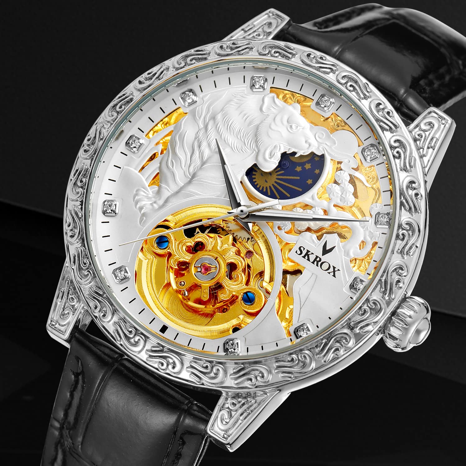 FORSINING Orologio da uomo di lusso, scheletro, fasi lunari, automatico, a carica automatica, con cinturino in vera pelle