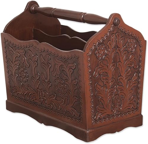 NOVICA Revistero artesanal de cuero de madera hecho a mano marrón Leatherwood Perú muebles accesorios coñac floral 13.75 pulgadas de alto x 15.75