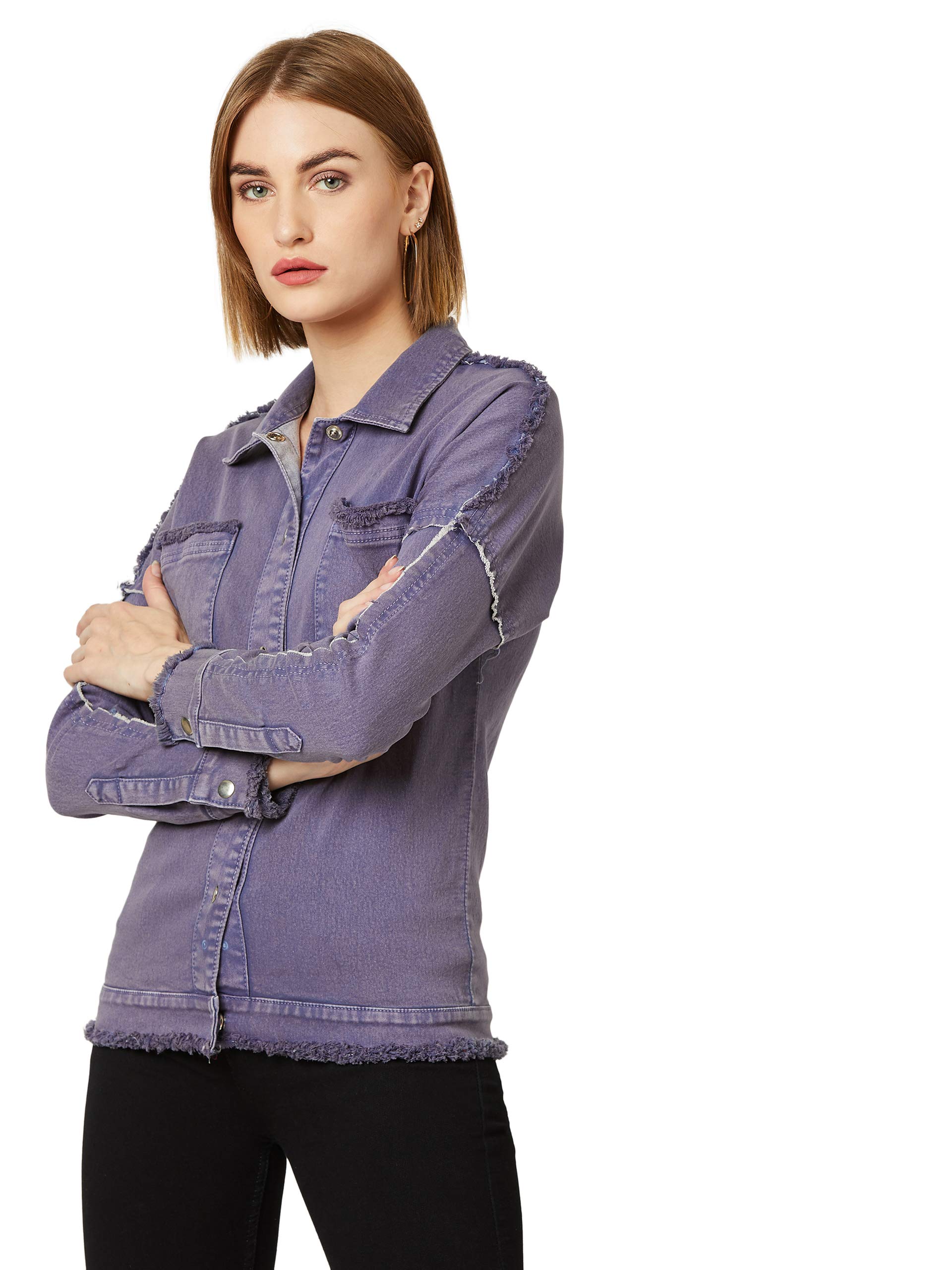 miss chase Women's Purple Denim Bomber Jacket-picture-14