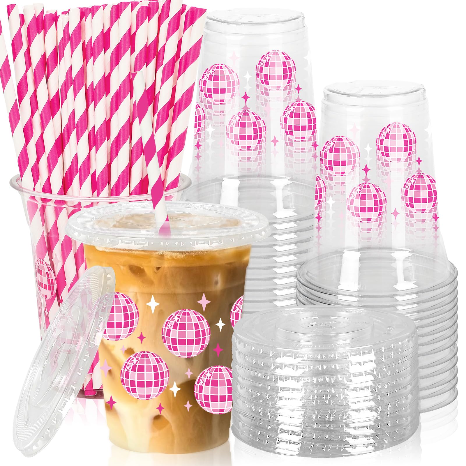 JarThenaAMCS 50Pcs Pink Disco Plastic Cups with Lids and Straws Disco Ball Clear Plastic Cups 12oz Disposable Cup for Disco Party Supplies