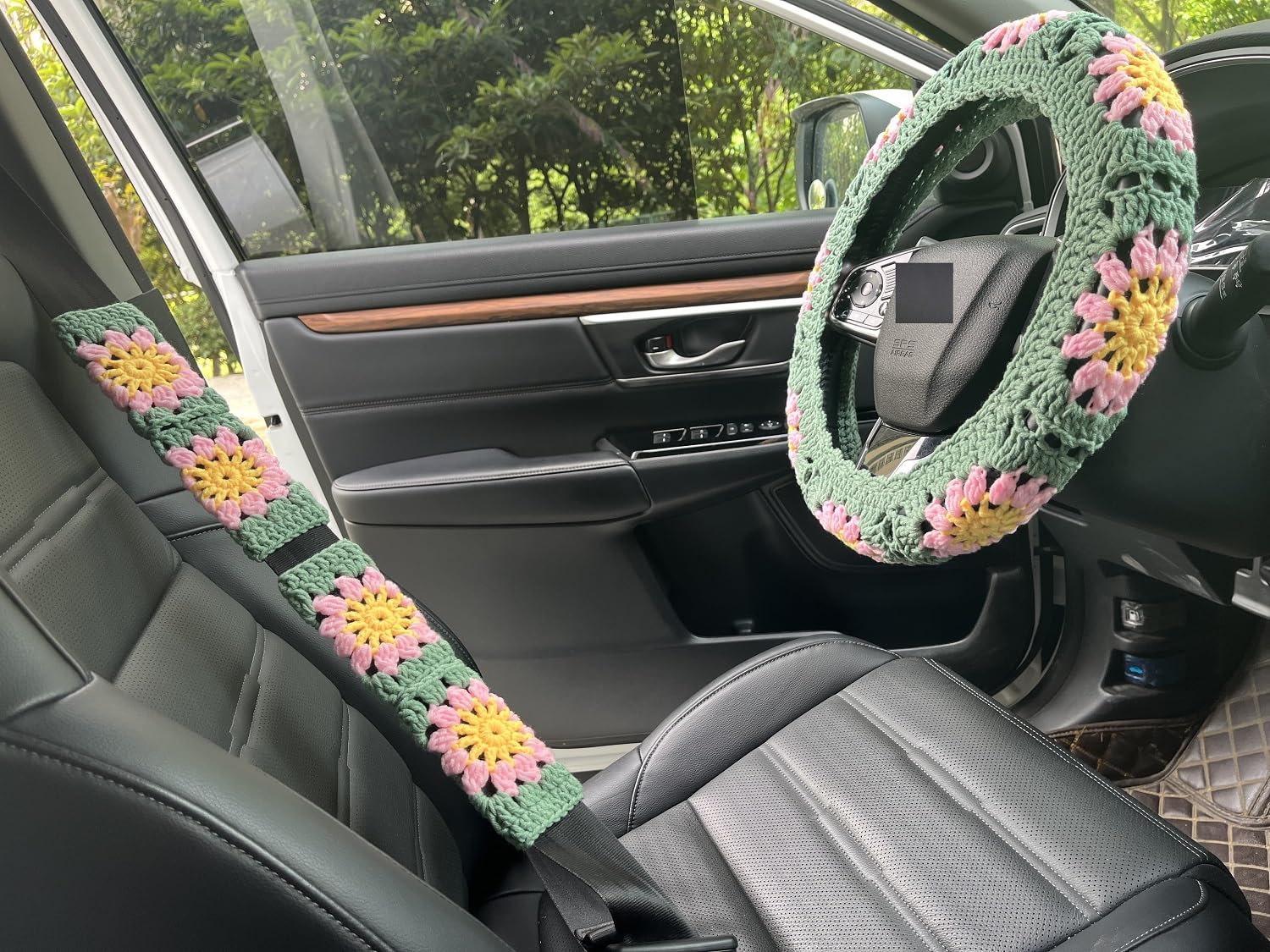 Handmade Crochet Sunflower Car Steering Wheel Covers sage Green Universal 14-15 inch for Women/Men (A:Wheel Cover+2 Belt Cover)