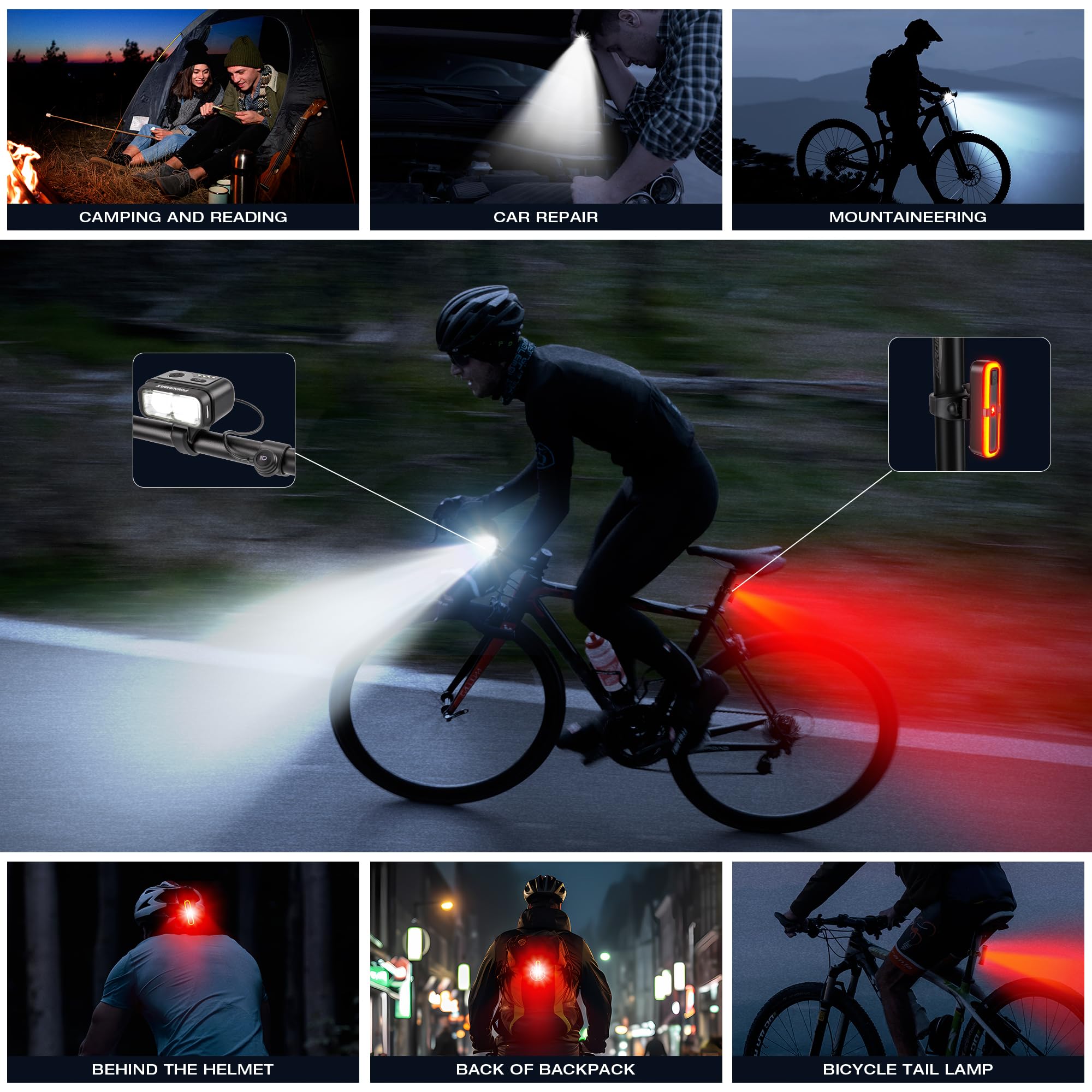 Kit d'éclairage de vélo homologué StVZO - Rechargeable par USB - Avec feu avant et arrière - 100 lux - Lumière avant et arrière avec capteur de freinage - Étanche IPX5 - Éclairage LED