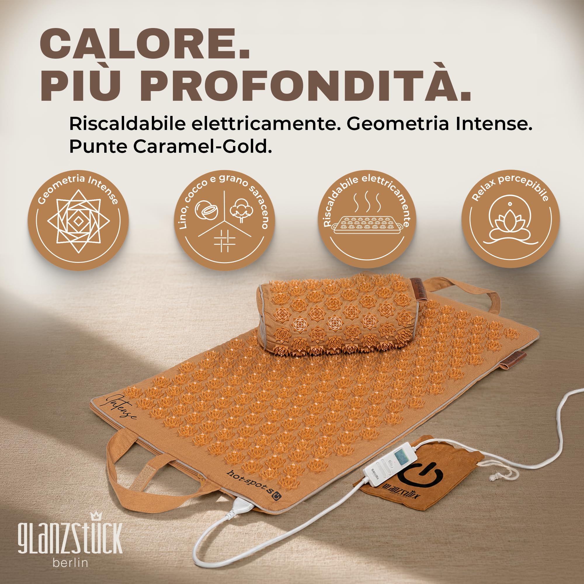 Glanzstück Berlin® Health Collection: Set di tappetini per agopressione XL Hot Edition Intense, riscaldabile elettricamente in lino, aiuto per tensioni, mal di schiena, tappetino massaggiante con
