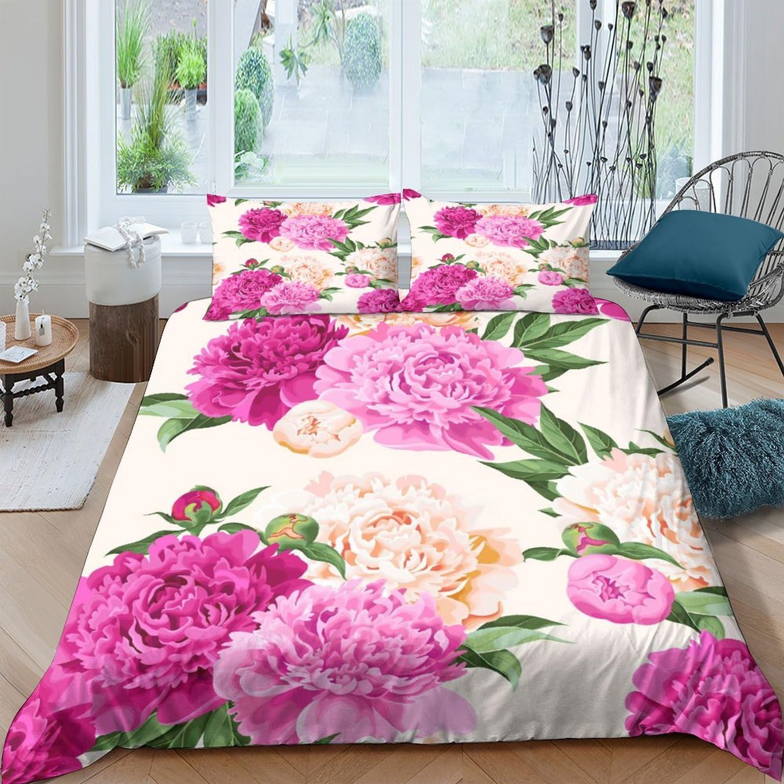 Ctjqhvkz Style-1 3D Printed Pink Peony Floral Fitted Sheet Microfiber Soft Bedroom Decor Rose Blossom Mattress Cover Anti-Slip Washable For Home Guest Room Single（135X200cm）