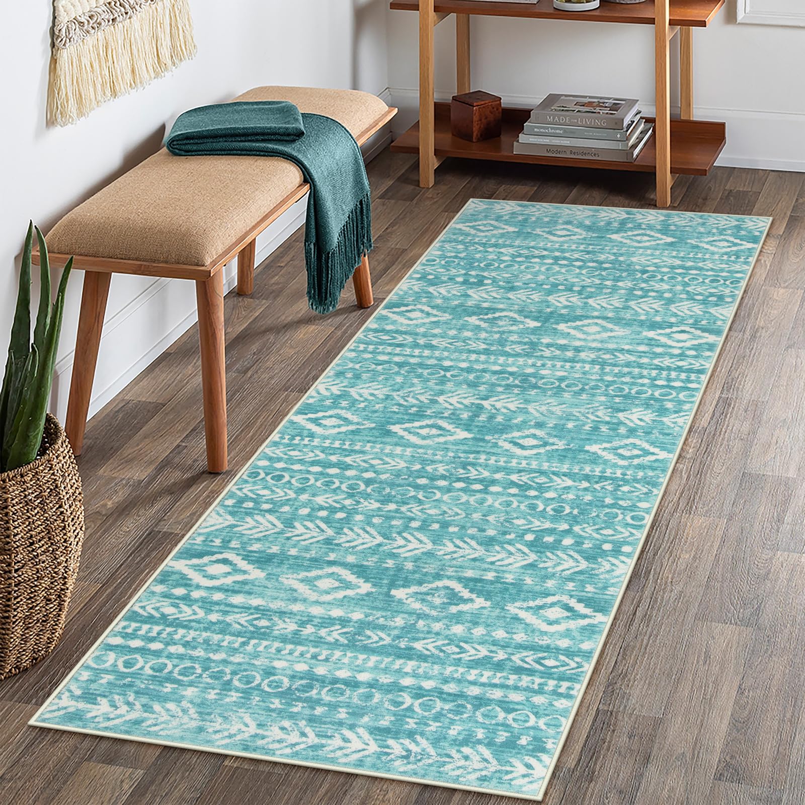Lahome Boho Geometric Bathroom Runner Rug, 2x6 Teal Kitchen Runner Rug Non Skid Washable Bathroom Rug Runner 6ft, Ultra-Thin Soft Farmhouse Print